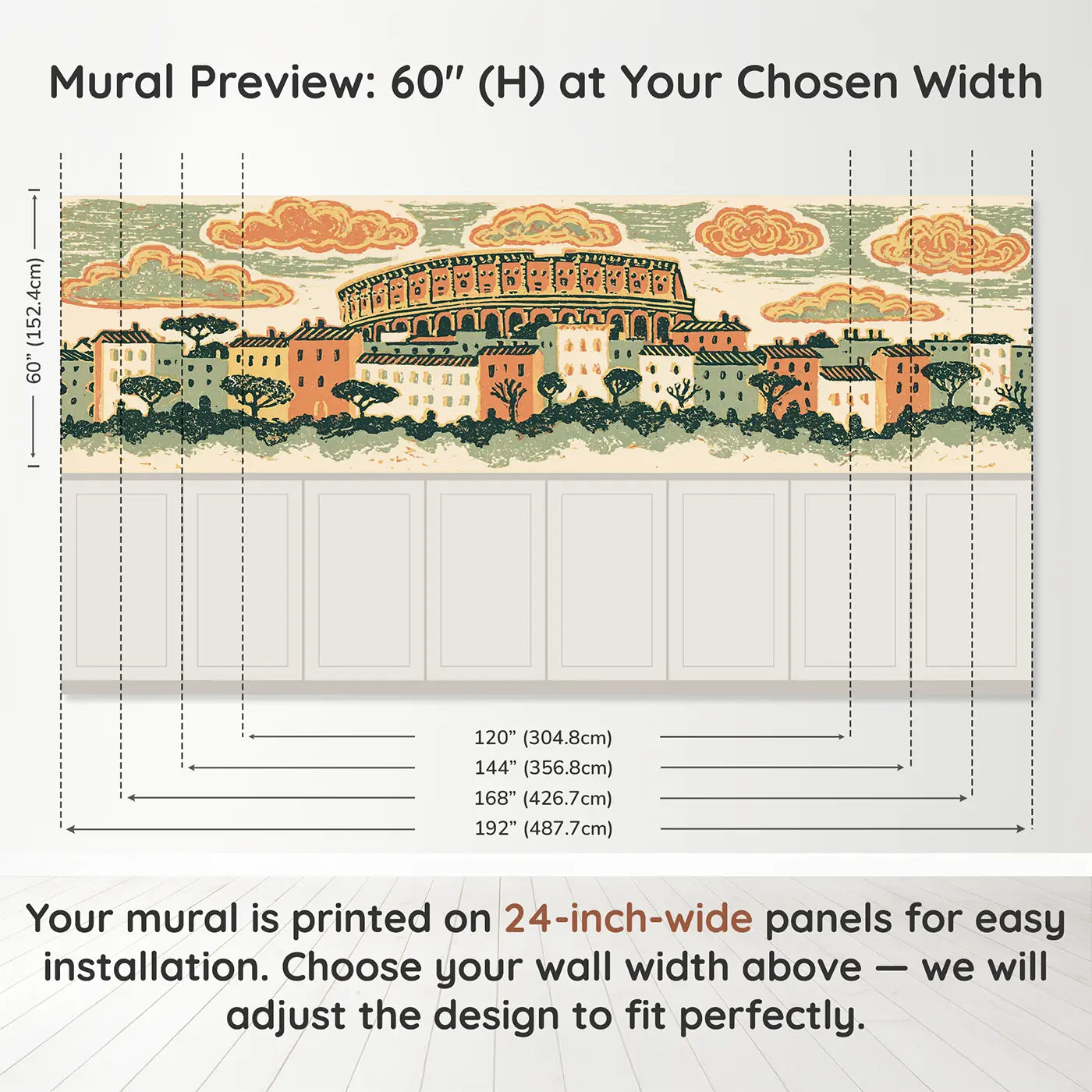 Panel dimensions for Carved Colosseum Rome Folk Wainscoting Wallpaper by Whimsy Tots