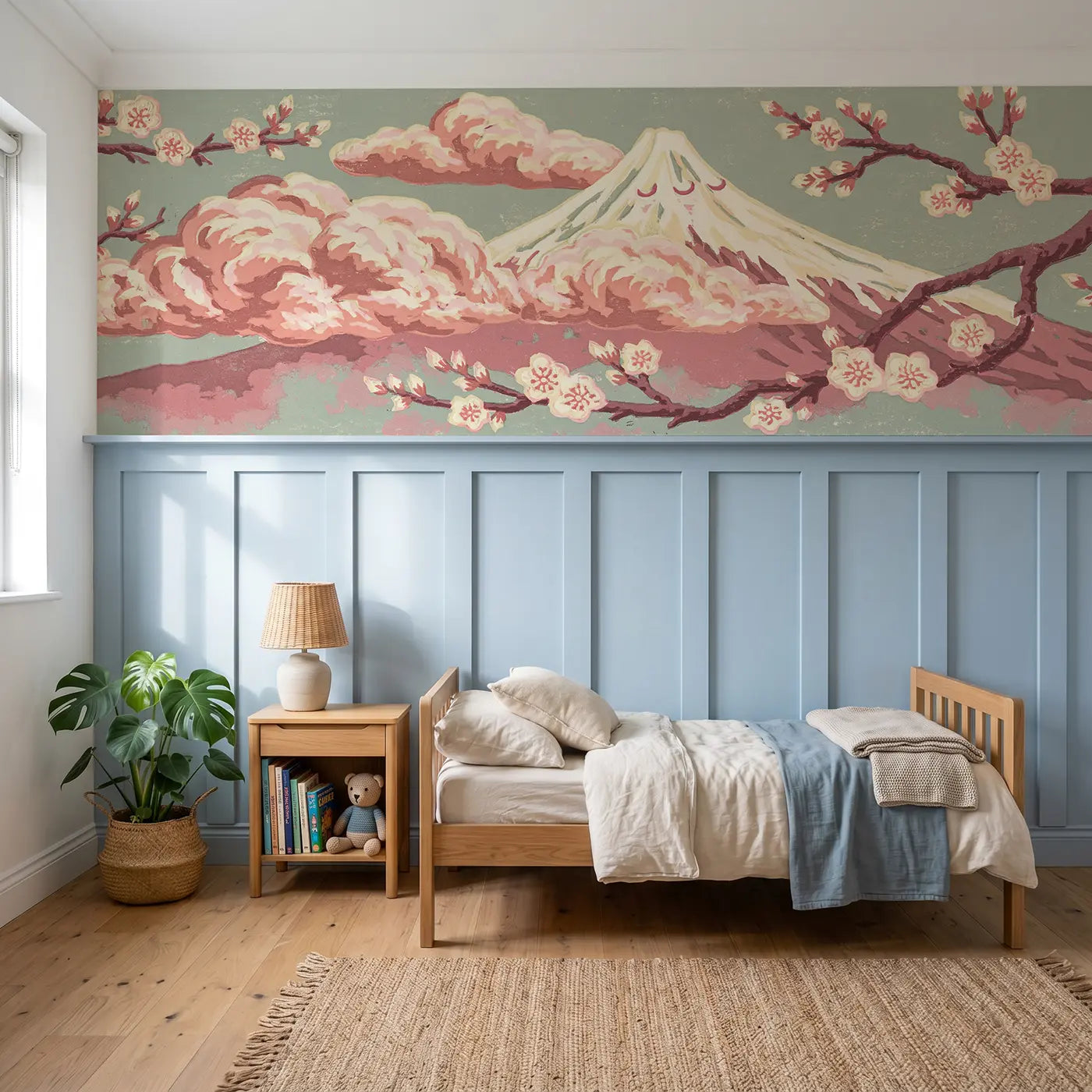 Block Print Mount Fuji linocut wainscoting wallpaper for bedroom by Whimsy Tots.