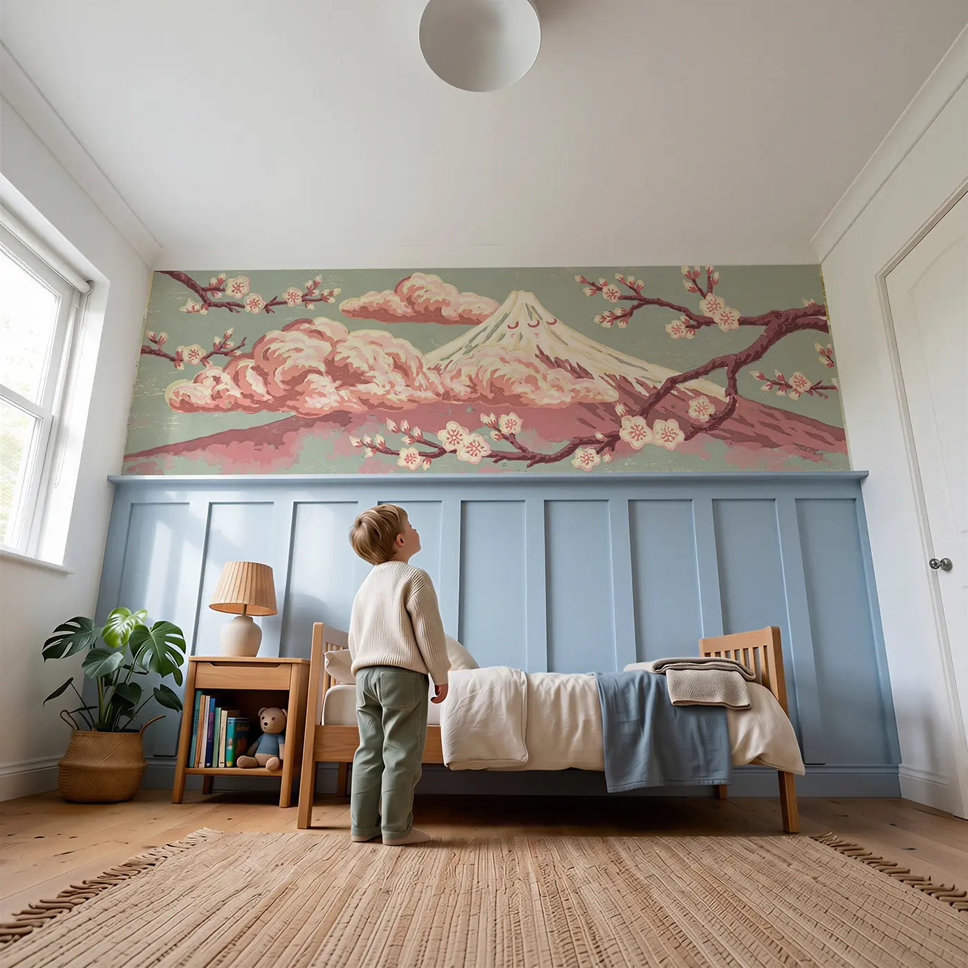 Child reading near Linocut Mount Fuji Scene Wainscoting Wallpaper by Whimsy Tots
