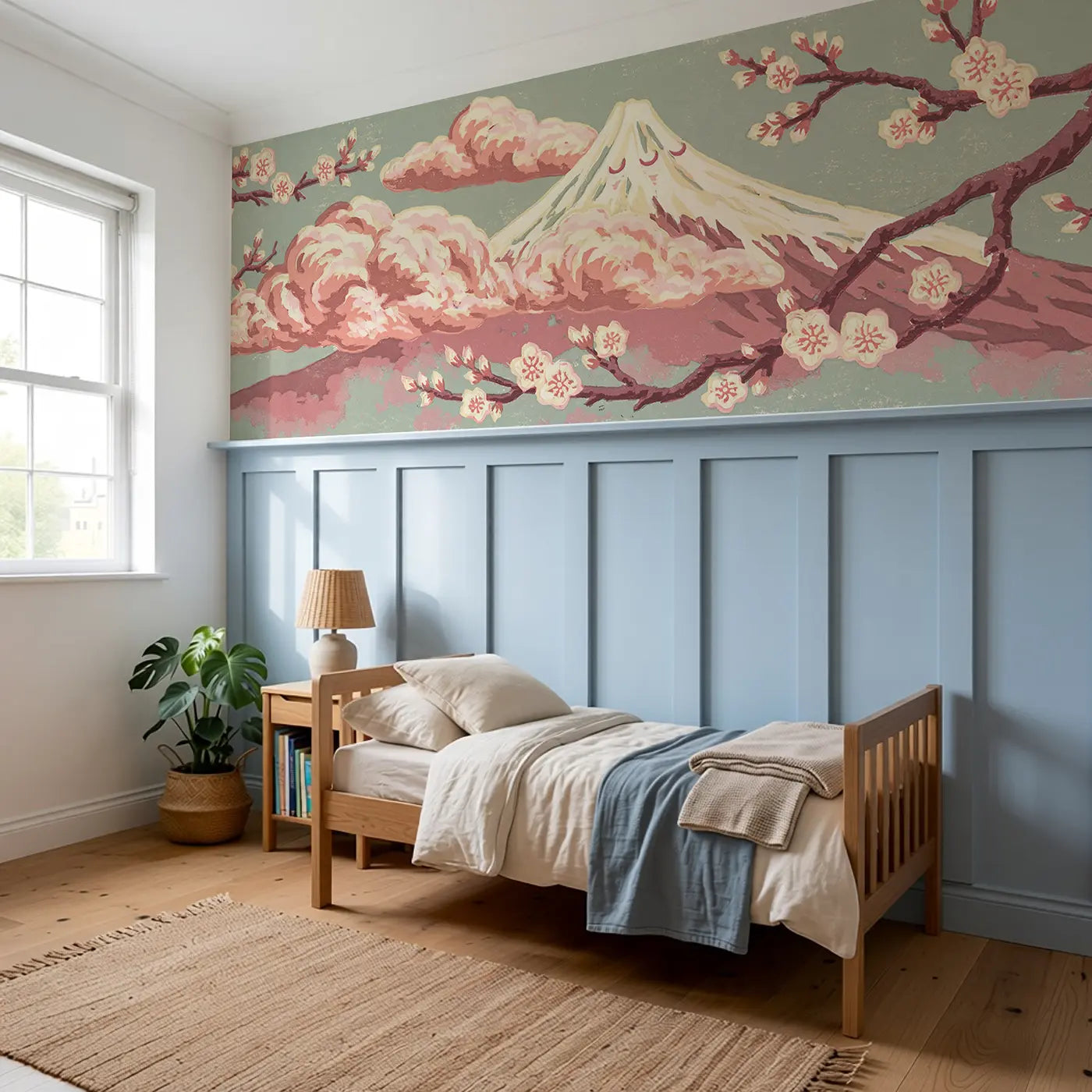 Linocut Mount Fuji Scene Wainscoting Wallpaper styled in a kids bedroom by Whimsy Tots