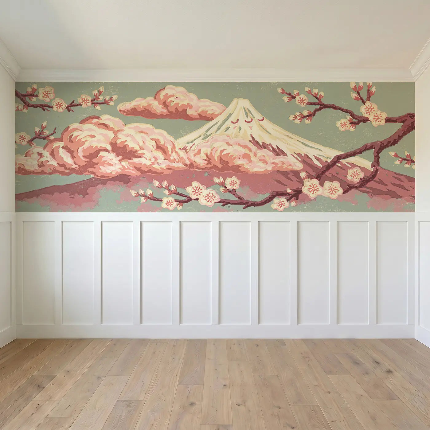 Full panel view of Linocut Mount Fuji Scene Wainscoting Wallpaper by Whimsy Tots