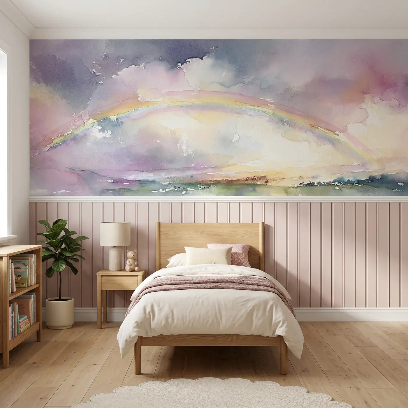 Watercolor double rainbow storm wainscoting wallpaper for bedroom by Whimsy Tots.
