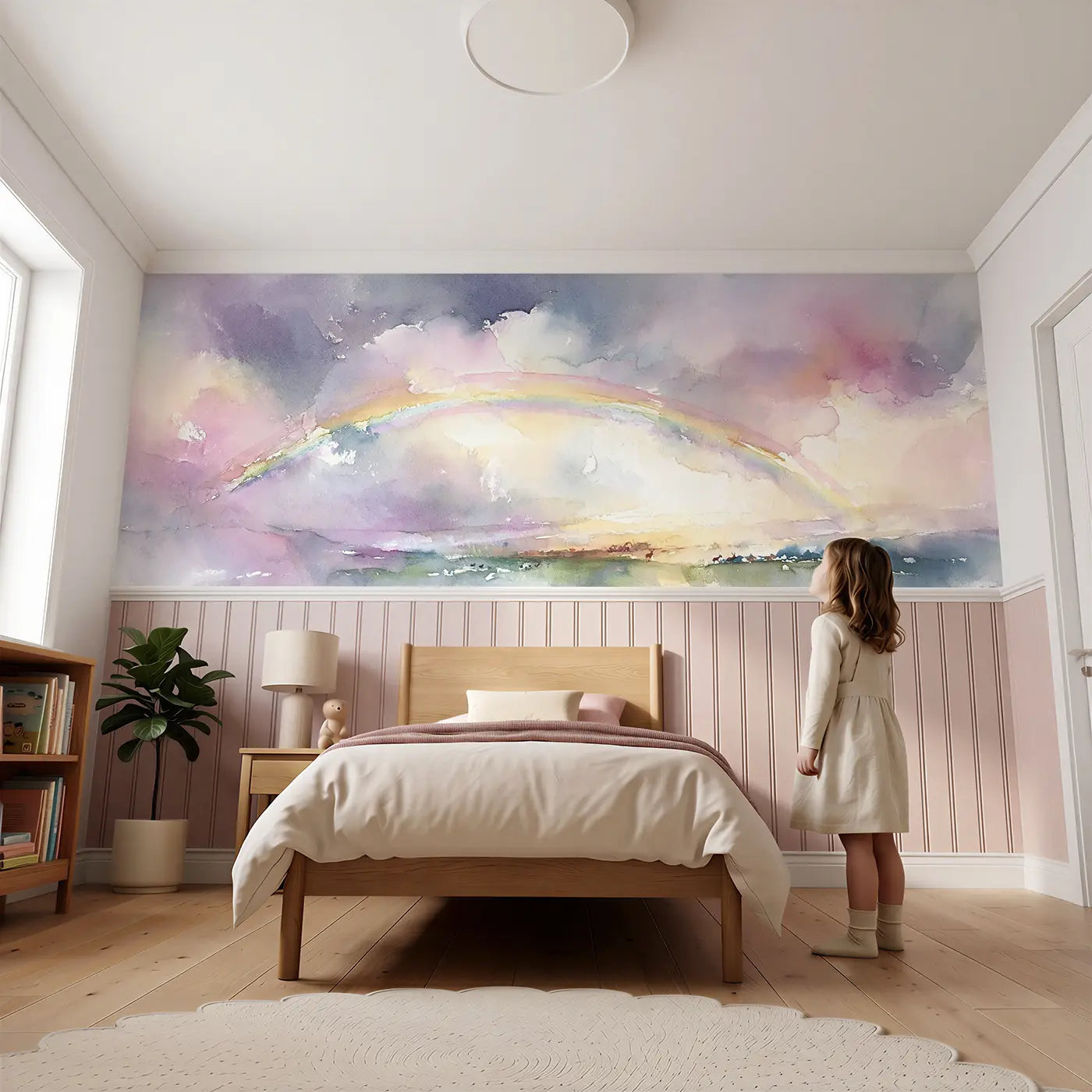 Child reading near Double Rainbow Storm Clear Wainscoting Wallpaper by Whimsy Tots
