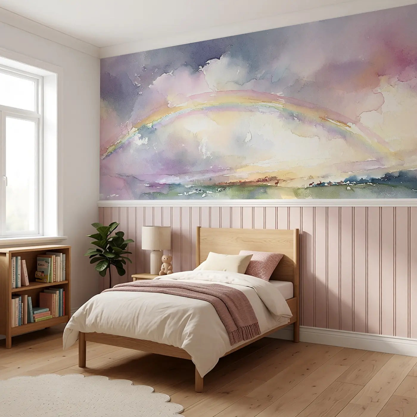 Double Rainbow Storm Clear Wainscoting Wallpaper styled in a kids bedroom by Whimsy Tots