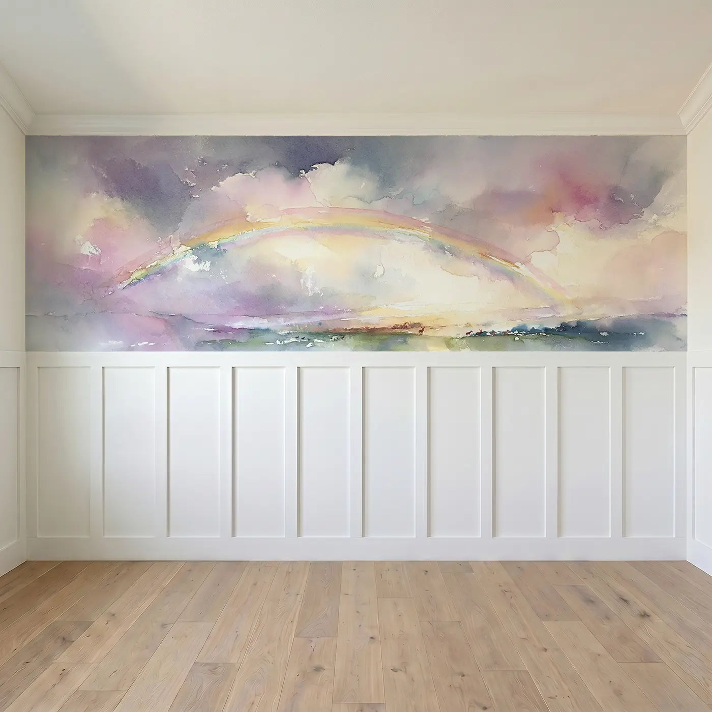 Full panel view of Double Rainbow Storm Clear Wainscoting Wallpaper by Whimsy Tots