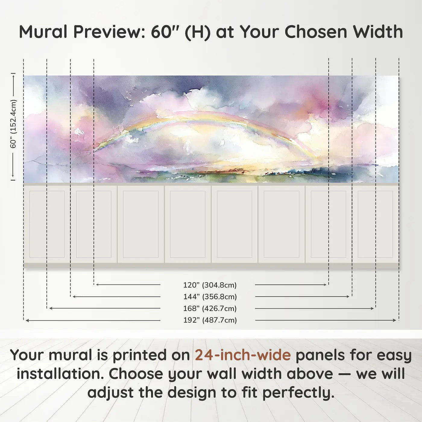 Panel dimensions for Double Rainbow Storm Clear Wainscoting Wallpaper by Whimsy Tots