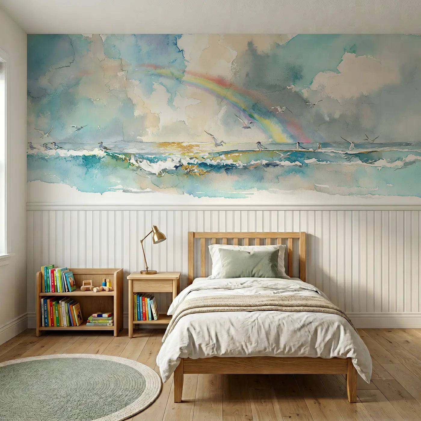 Watercolor rainbow arc sea horizon wainscoting wallpaper for bedroom by Whimsy Tots.