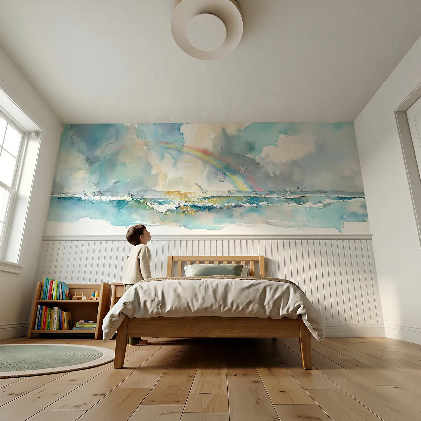 Child reading near Rainbow Arc Sea Horizon Wainscoting Wallpaper by Whimsy Tots