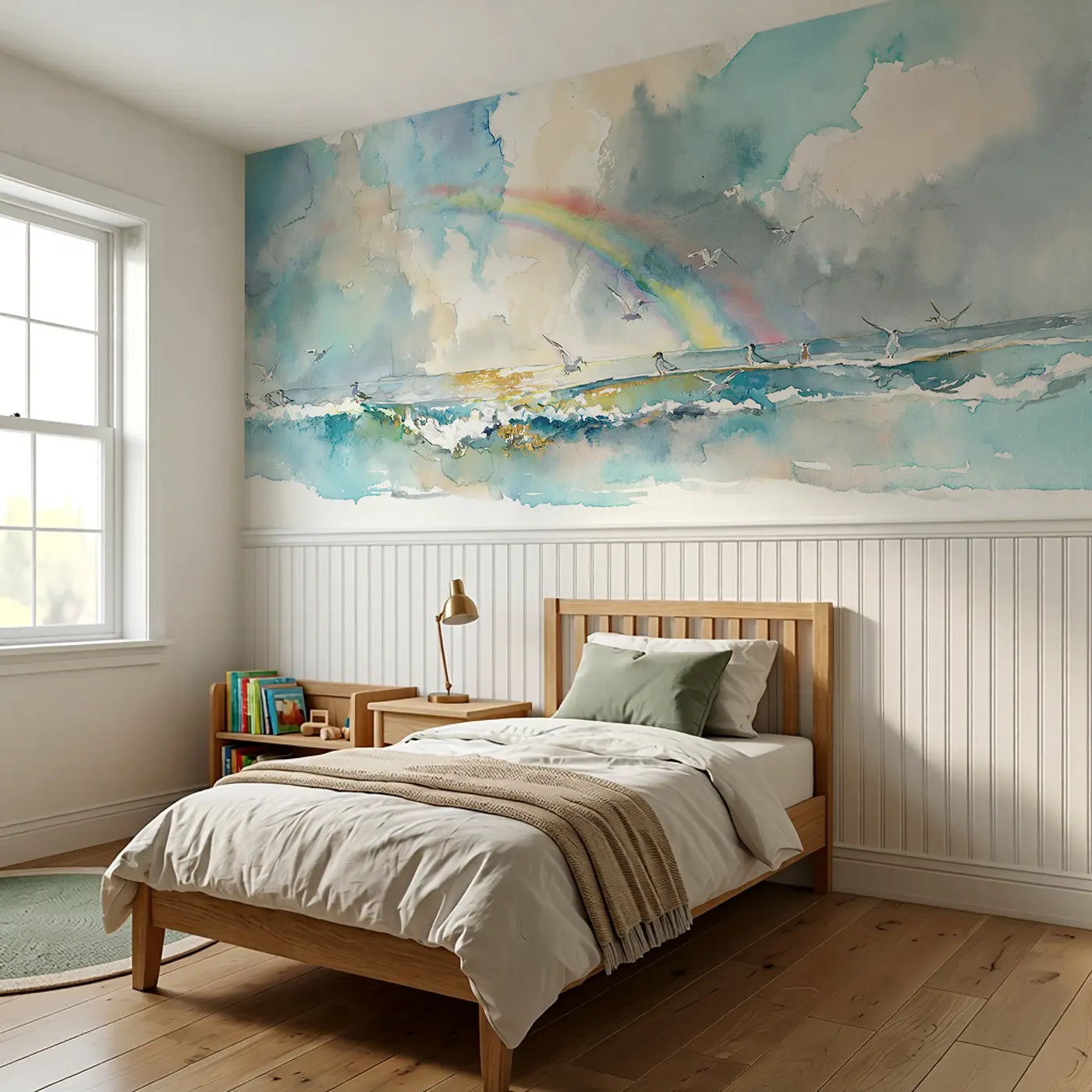 Rainbow Arc Sea Horizon Wainscoting Wallpaper styled in a kids bedroom by Whimsy Tots