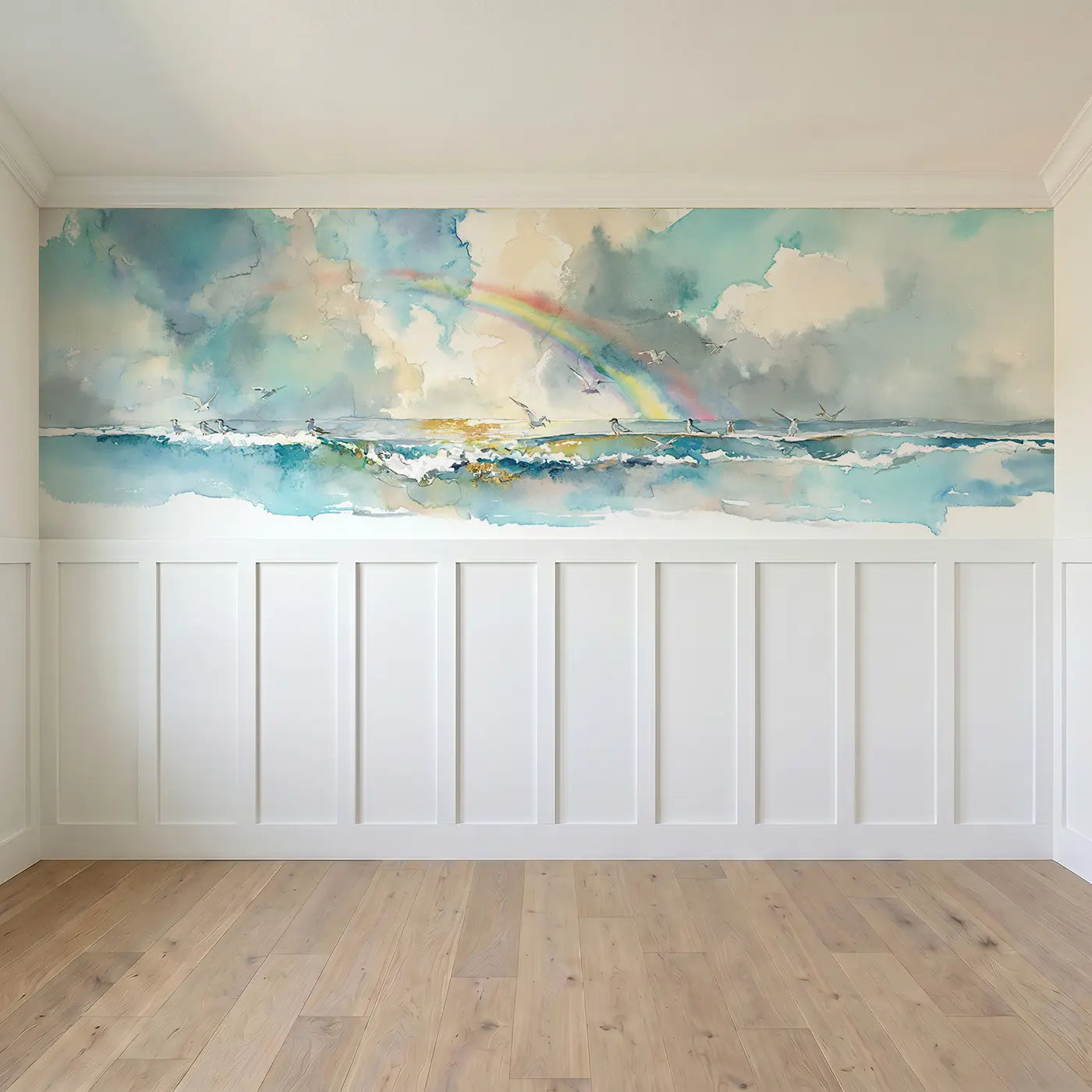 Full panel view of Rainbow Arc Sea Horizon Wainscoting Wallpaper by Whimsy Tots