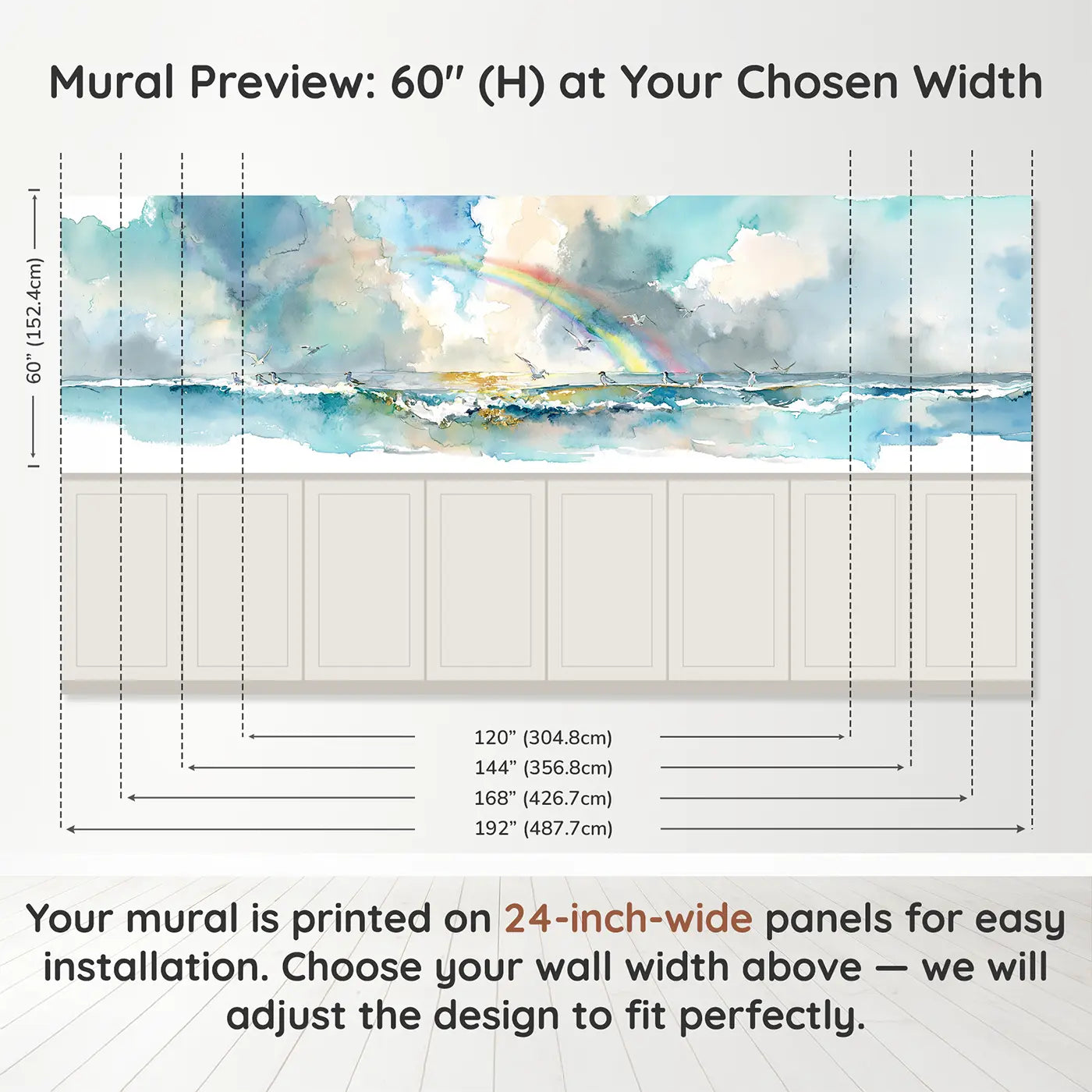 Panel dimensions for Rainbow Arc Sea Horizon Wainscoting Wallpaper by Whimsy Tots