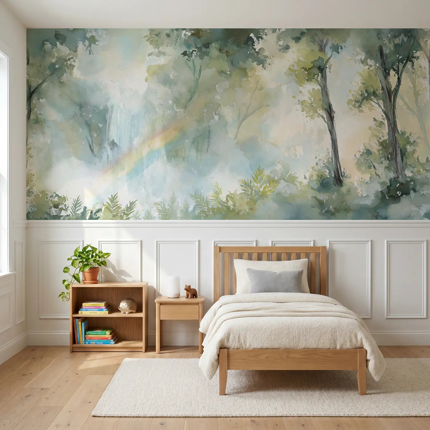 Watercolor rainbow waterfall forest wainscoting wallpaper for bedroom by Whimsy Tots.