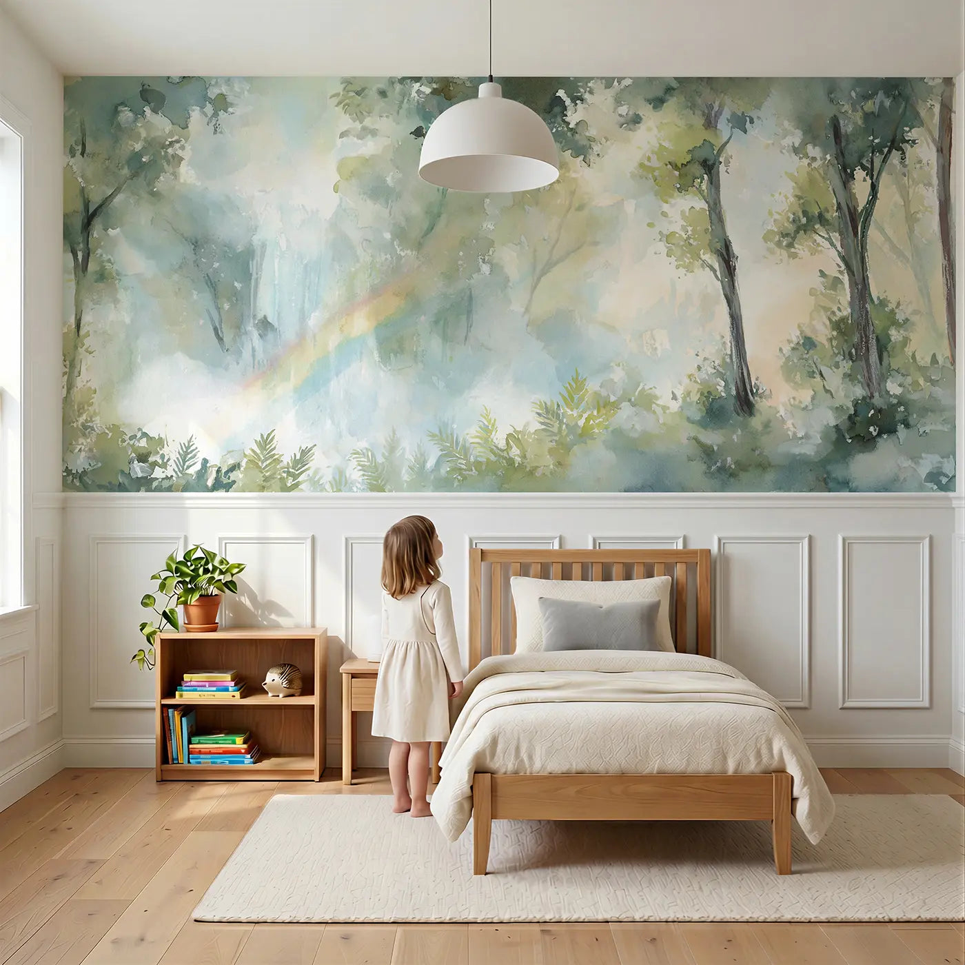 Child reading near Rainbow Waterfall Forest Wainscoting Wallpaper by Whimsy Tots