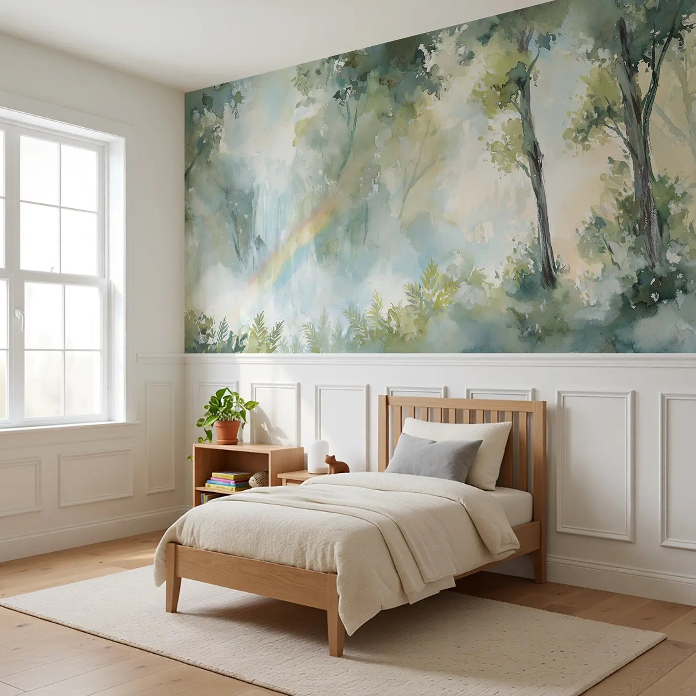Rainbow Waterfall Forest Wainscoting Wallpaper styled in a kids bedroom by Whimsy Tots