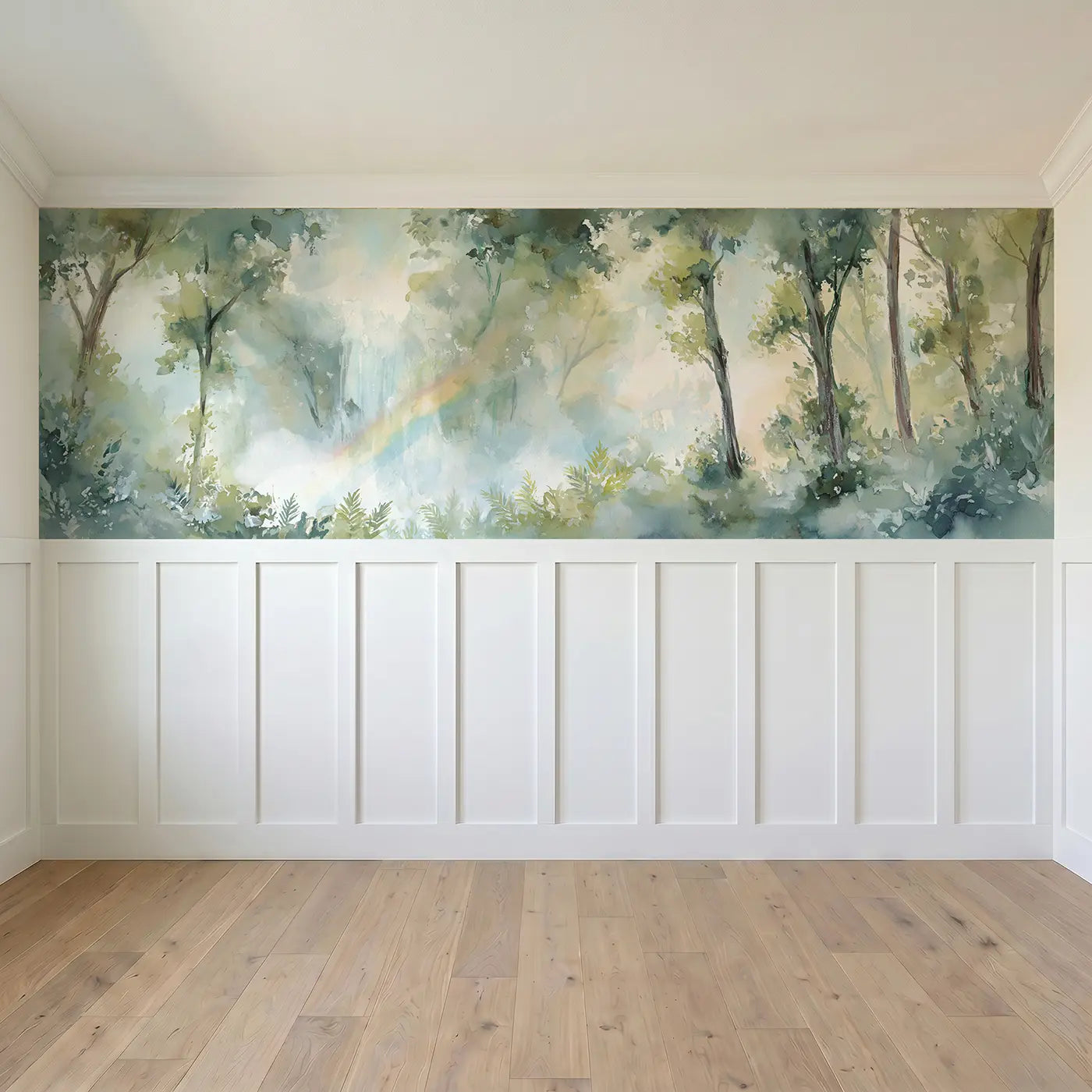 Full panel view of Rainbow Waterfall Forest Wainscoting Wallpaper by Whimsy Tots