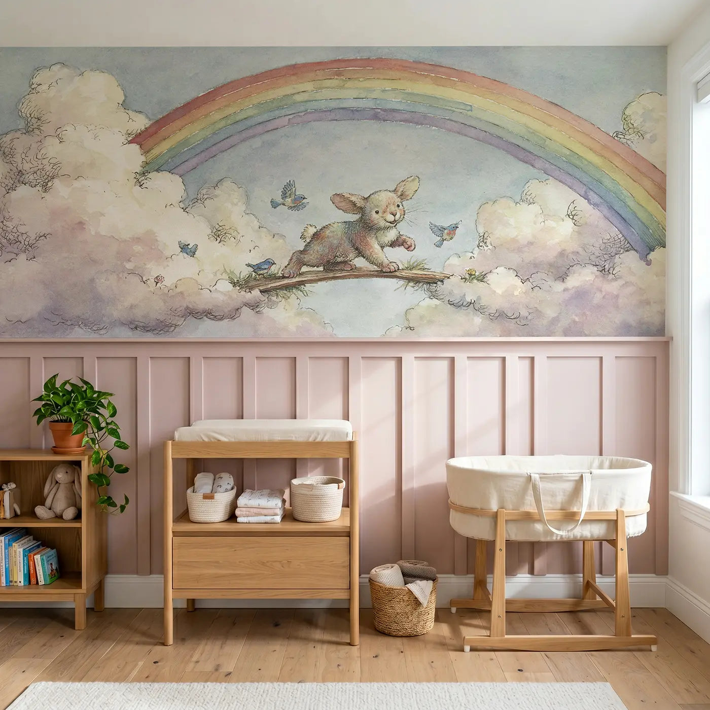 Storybook bunny rainbow bridge wainscoting wallpaper for nursery by Whimsy Tots.