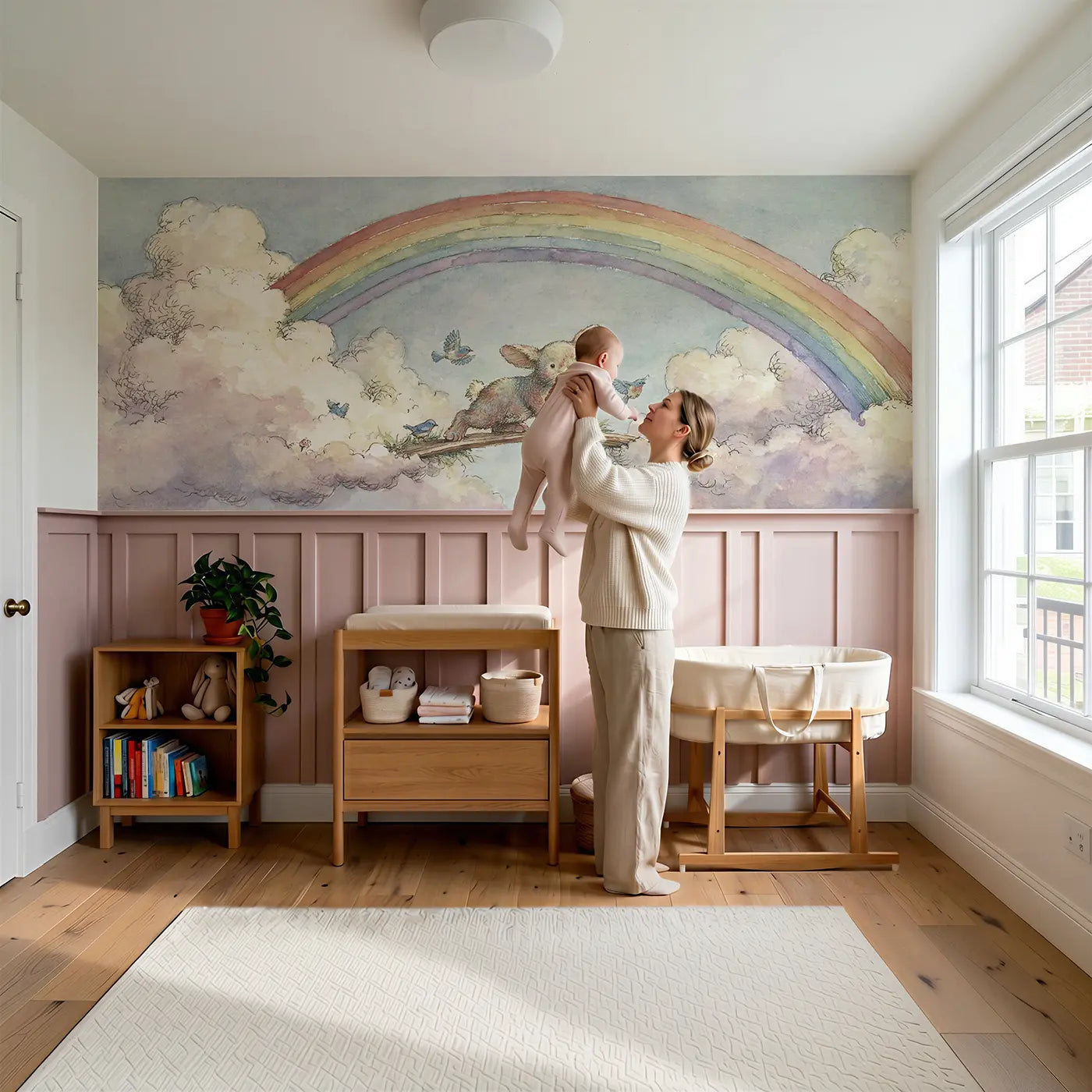 Child reading near Bunny Rainbow Bridge Walk Wainscoting Wallpaper by Whimsy Tots