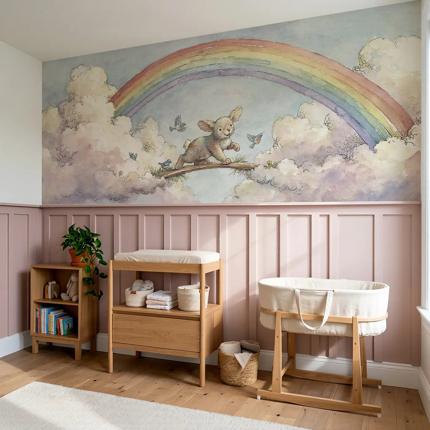 Bunny Rainbow Bridge Walk Wainscoting Wallpaper styled in a kids bedroom by Whimsy Tots