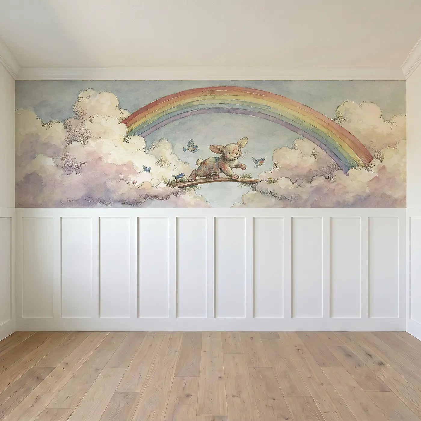Full panel view of Bunny Rainbow Bridge Walk Wainscoting Wallpaper by Whimsy Tots