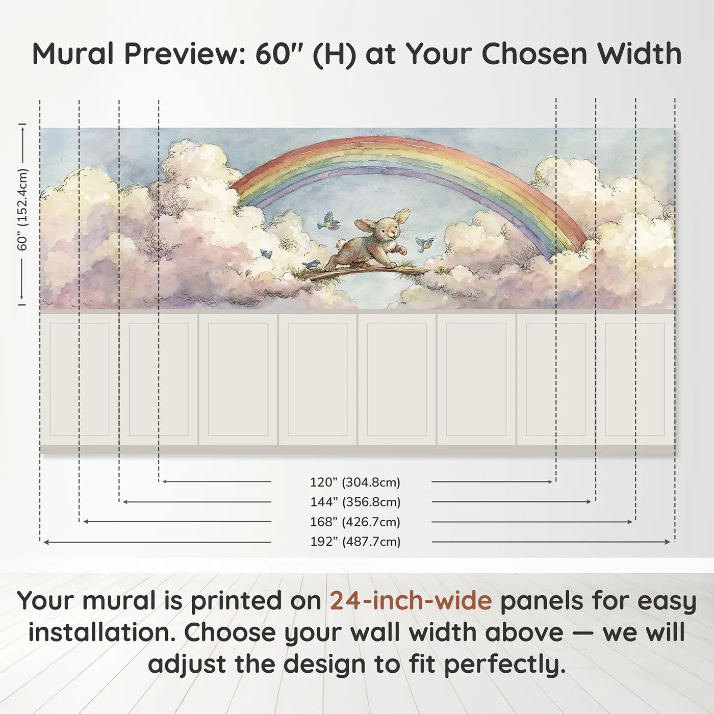 Panel dimensions for Bunny Rainbow Bridge Walk Wainscoting Wallpaper by Whimsy Tots