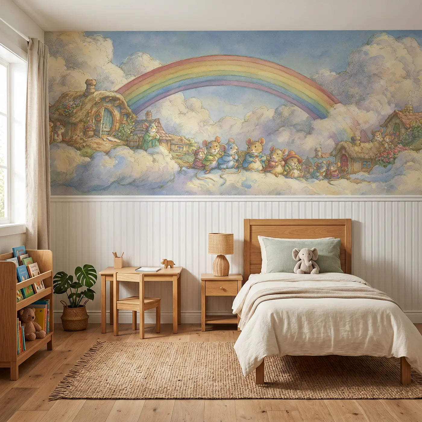 Storybook rainbow sky village wainscoting wallpaper for bedroom by Whimsy Tots.