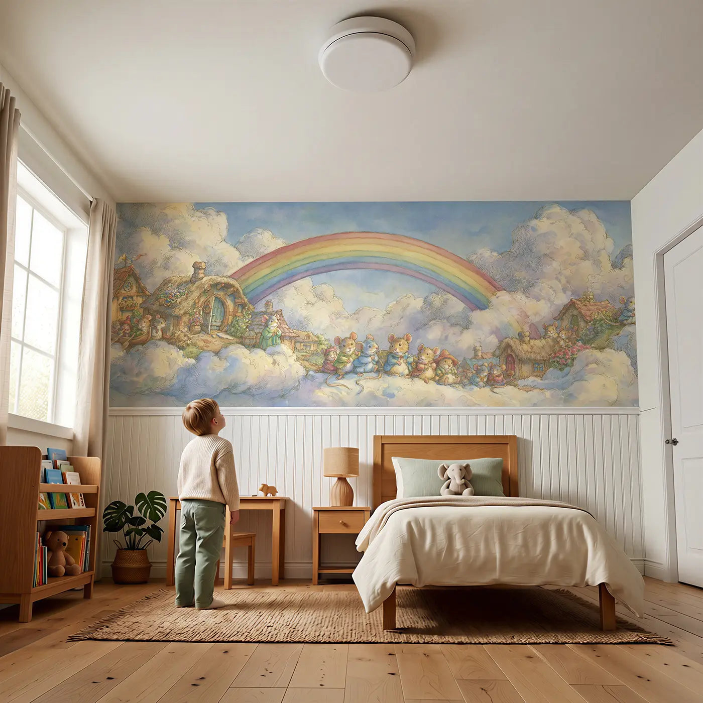 Child reading near Rainbow Sky Village Cloud Wainscoting Wallpaper by Whimsy Tots