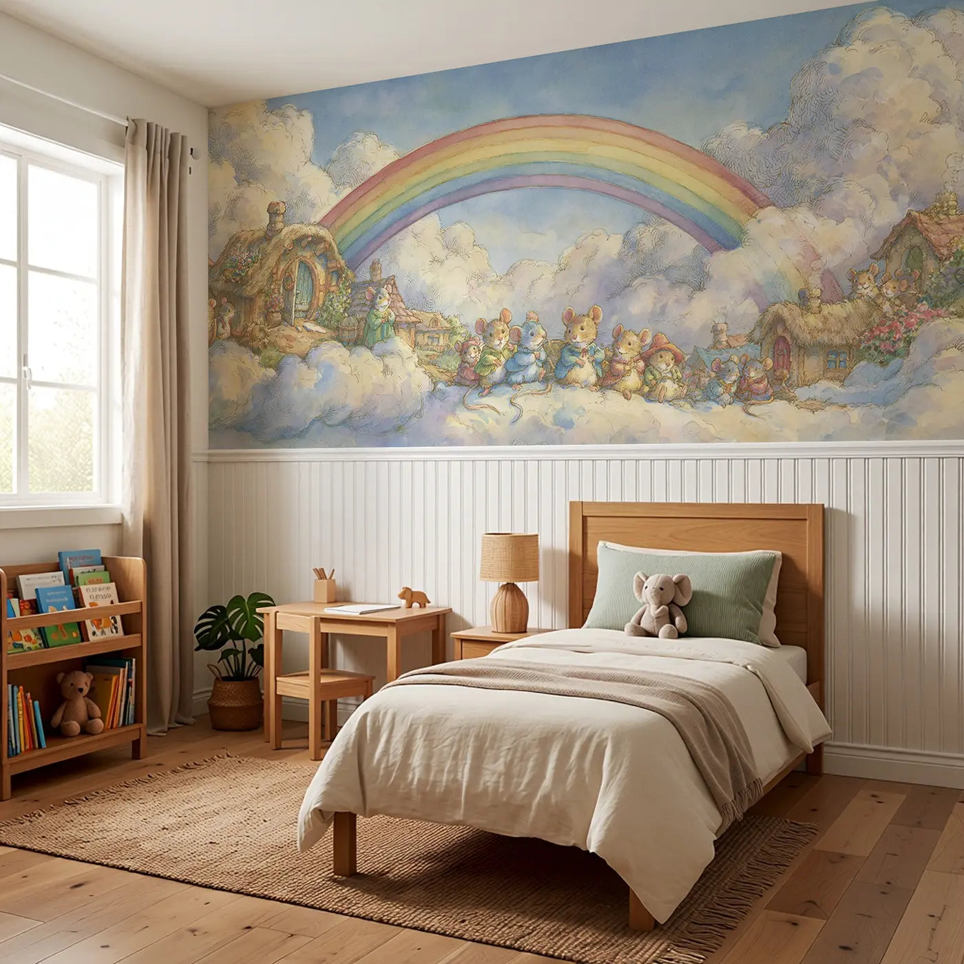 Rainbow Sky Village Cloud Wainscoting Wallpaper styled in a kids bedroom by Whimsy Tots