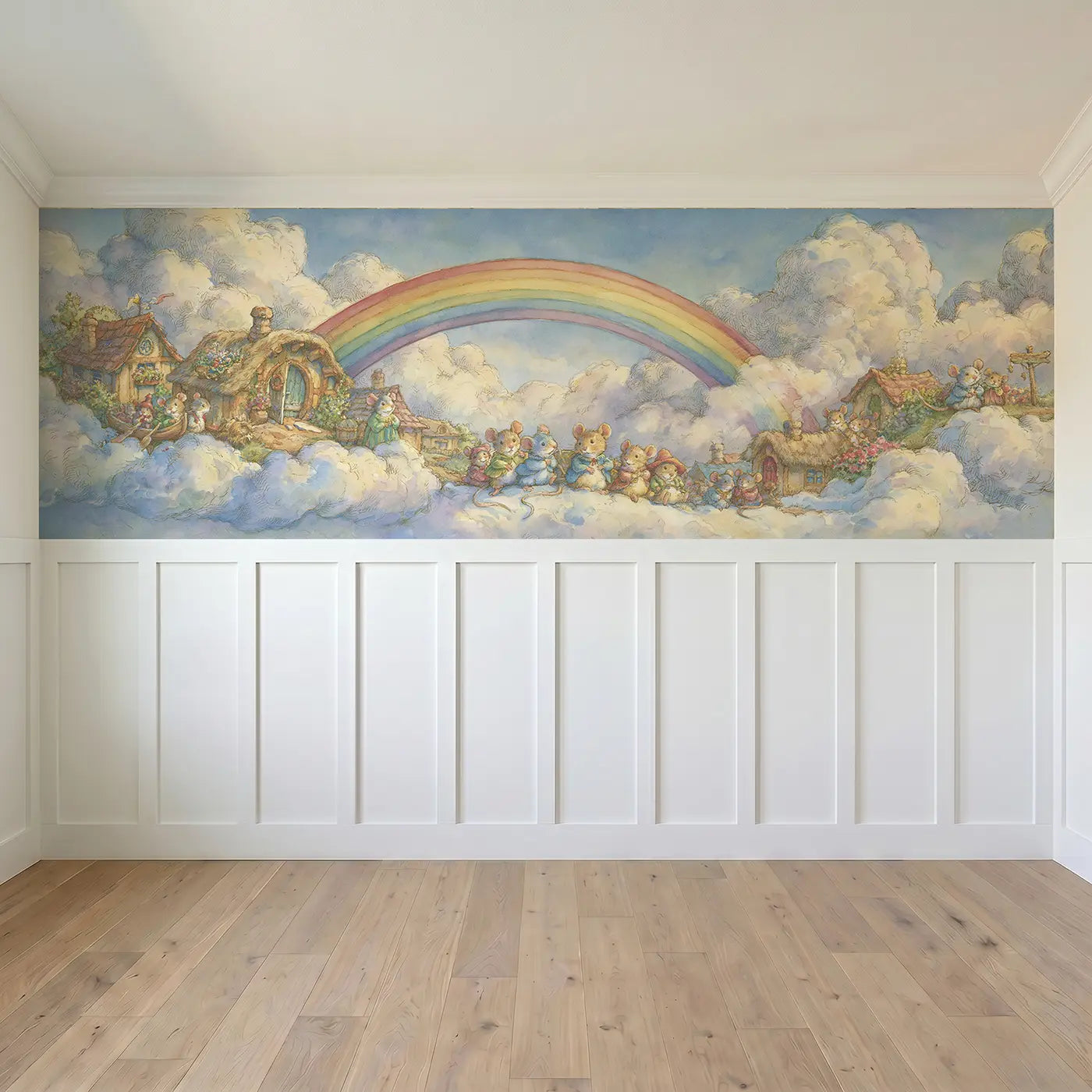 Full panel view of Rainbow Sky Village Cloud Wainscoting Wallpaper by Whimsy Tots