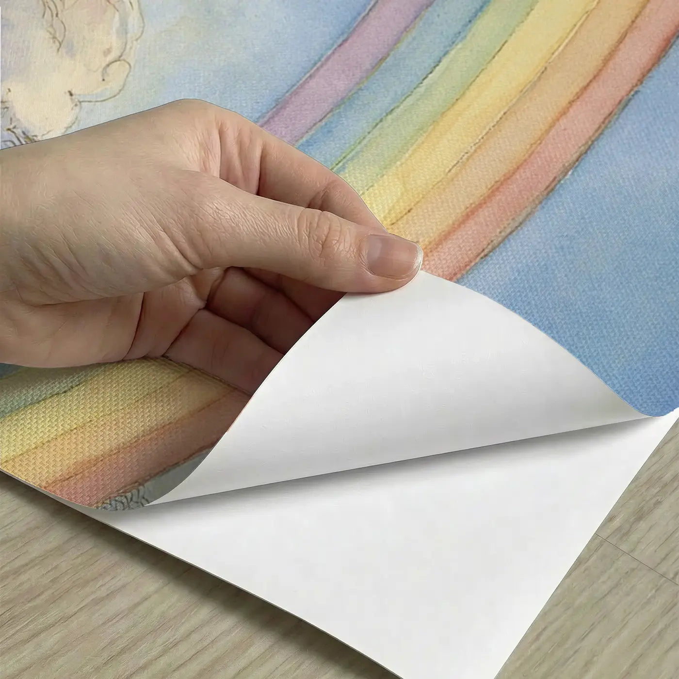 Peel-and-stick detail of Rainbow Sky Village Cloud Wainscoting Wallpaper by Whimsy Tots