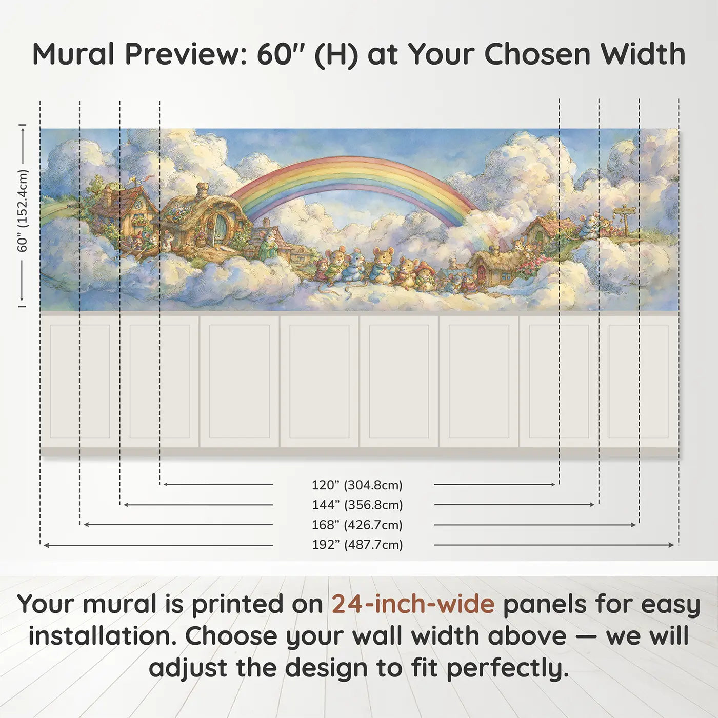Panel dimensions for Rainbow Sky Village Cloud Wainscoting Wallpaper by Whimsy Tots