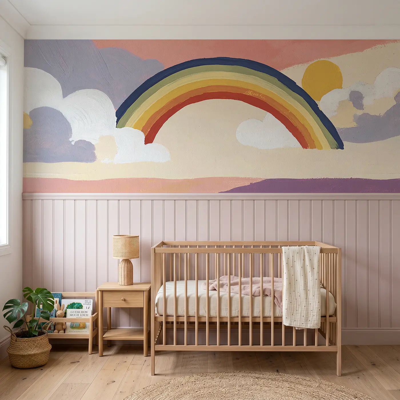 Modern Illustration rainbow sky bold wainscoting wallpaper for nursery by Whimsy Tots.
