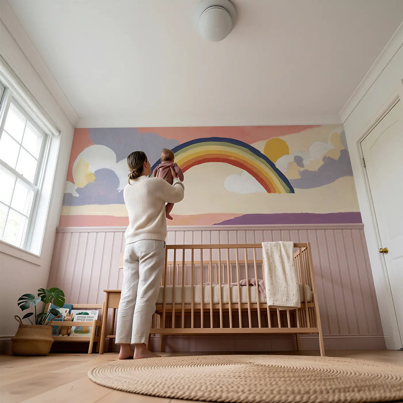 Child reading near Flat Rainbow Sky Bold Wainscoting Wallpaper by Whimsy Tots