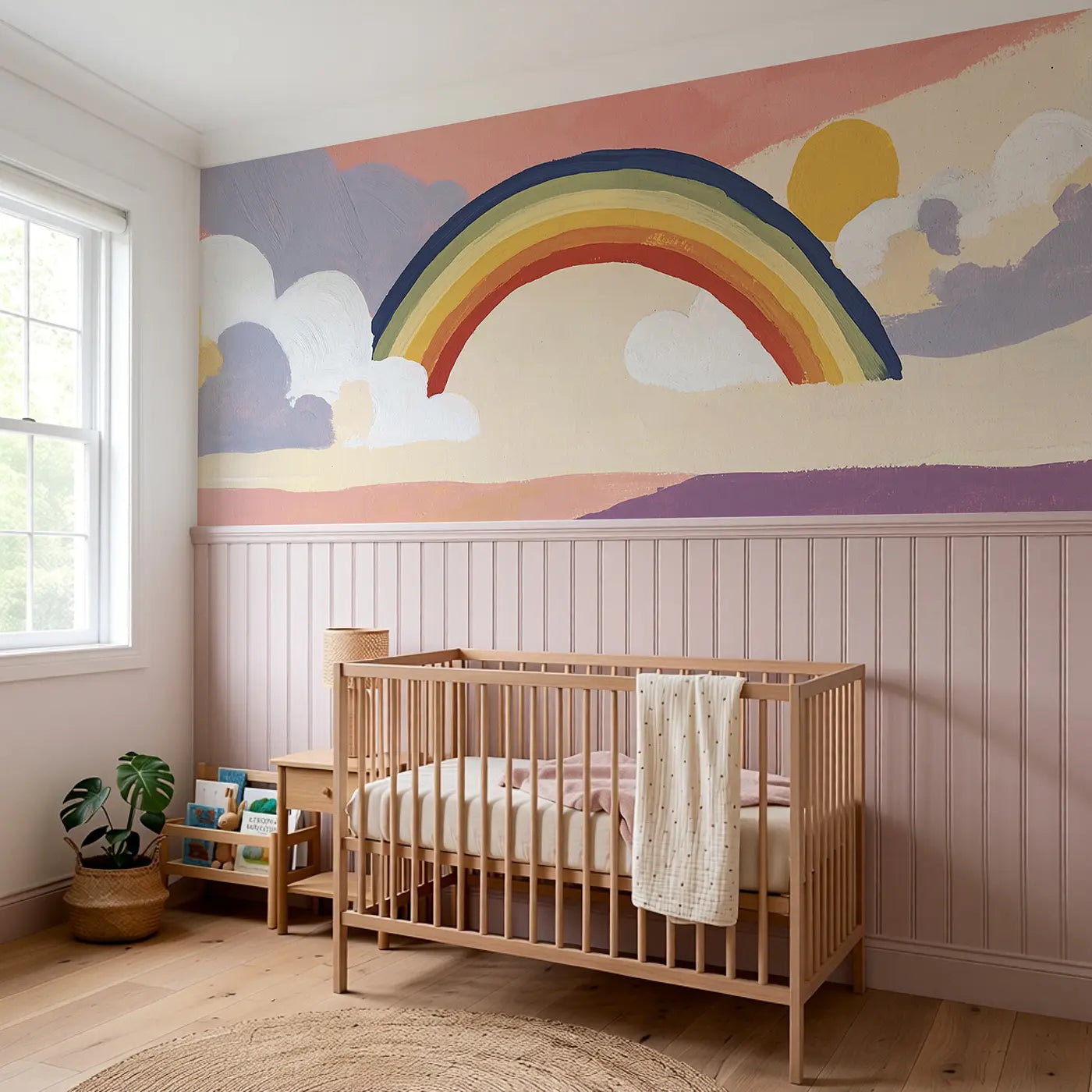 Flat Rainbow Sky Bold Wainscoting Wallpaper styled in a kids bedroom by Whimsy Tots