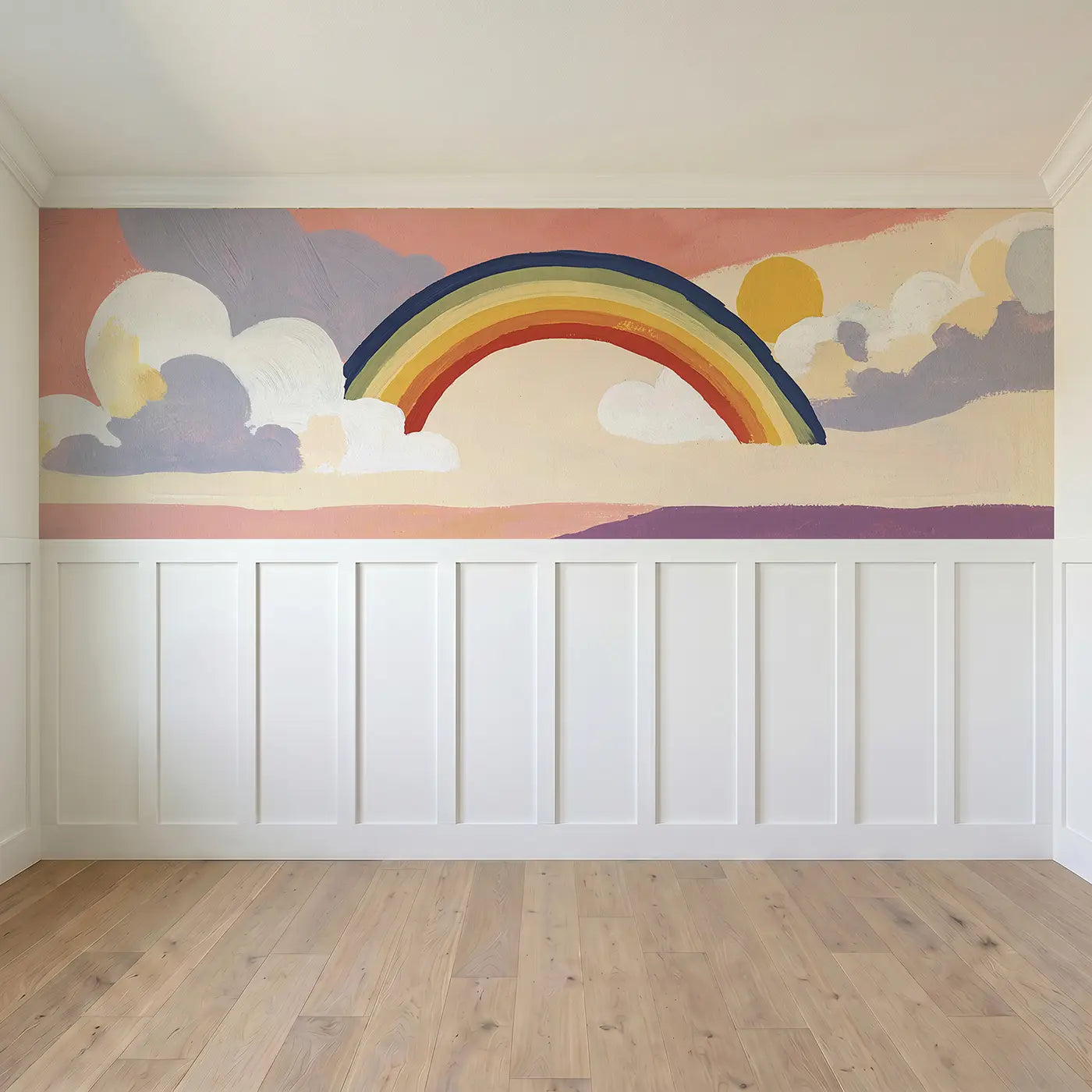 Full panel view of Flat Rainbow Sky Bold Wainscoting Wallpaper by Whimsy Tots
