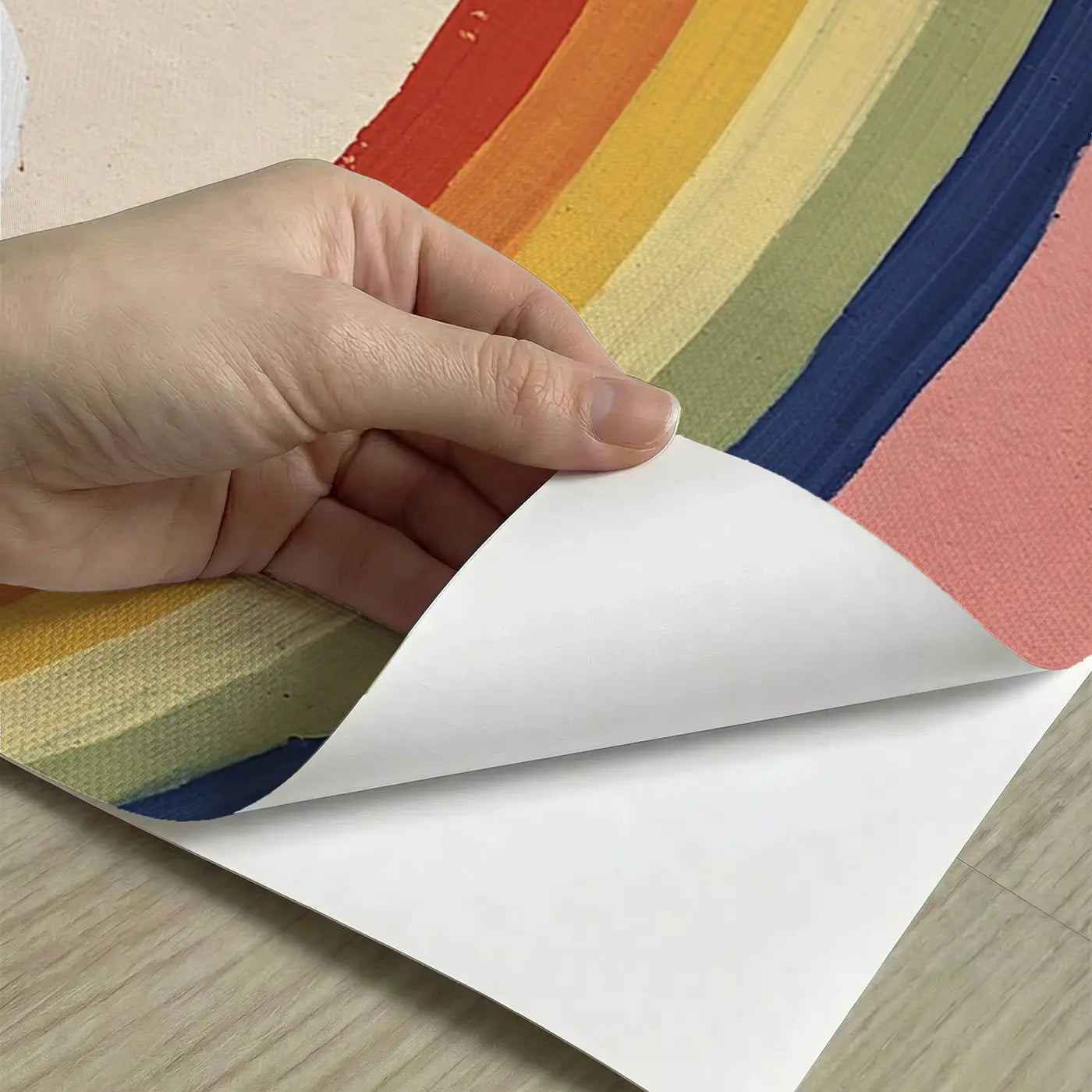 Peel-and-stick detail of Flat Rainbow Sky Bold Wainscoting Wallpaper by Whimsy Tots