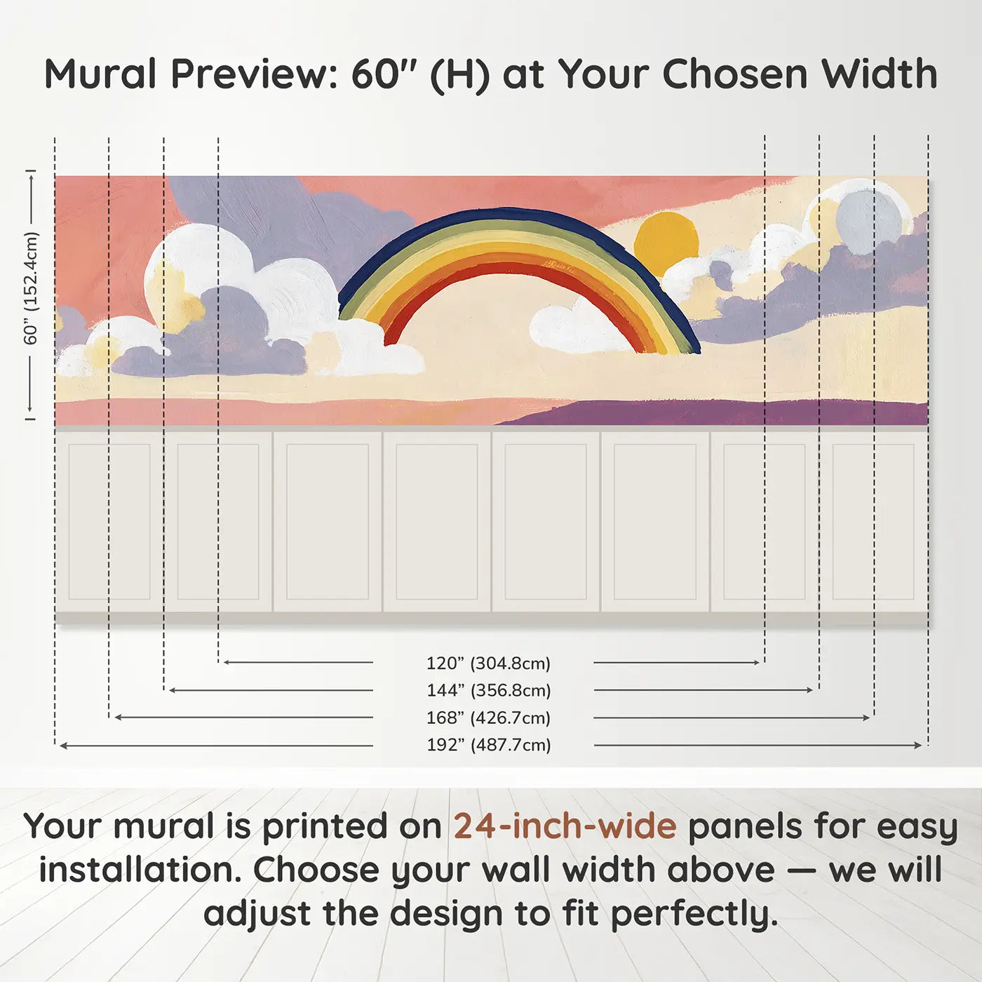 Panel dimensions for Flat Rainbow Sky Bold Wainscoting Wallpaper by Whimsy Tots