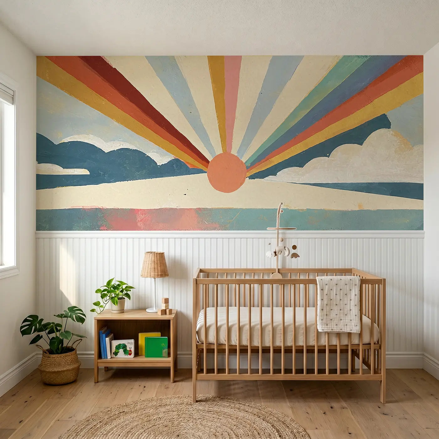 Modern Illustration rainbow starburst wainscoting wallpaper for nursery by Whimsy Tots.