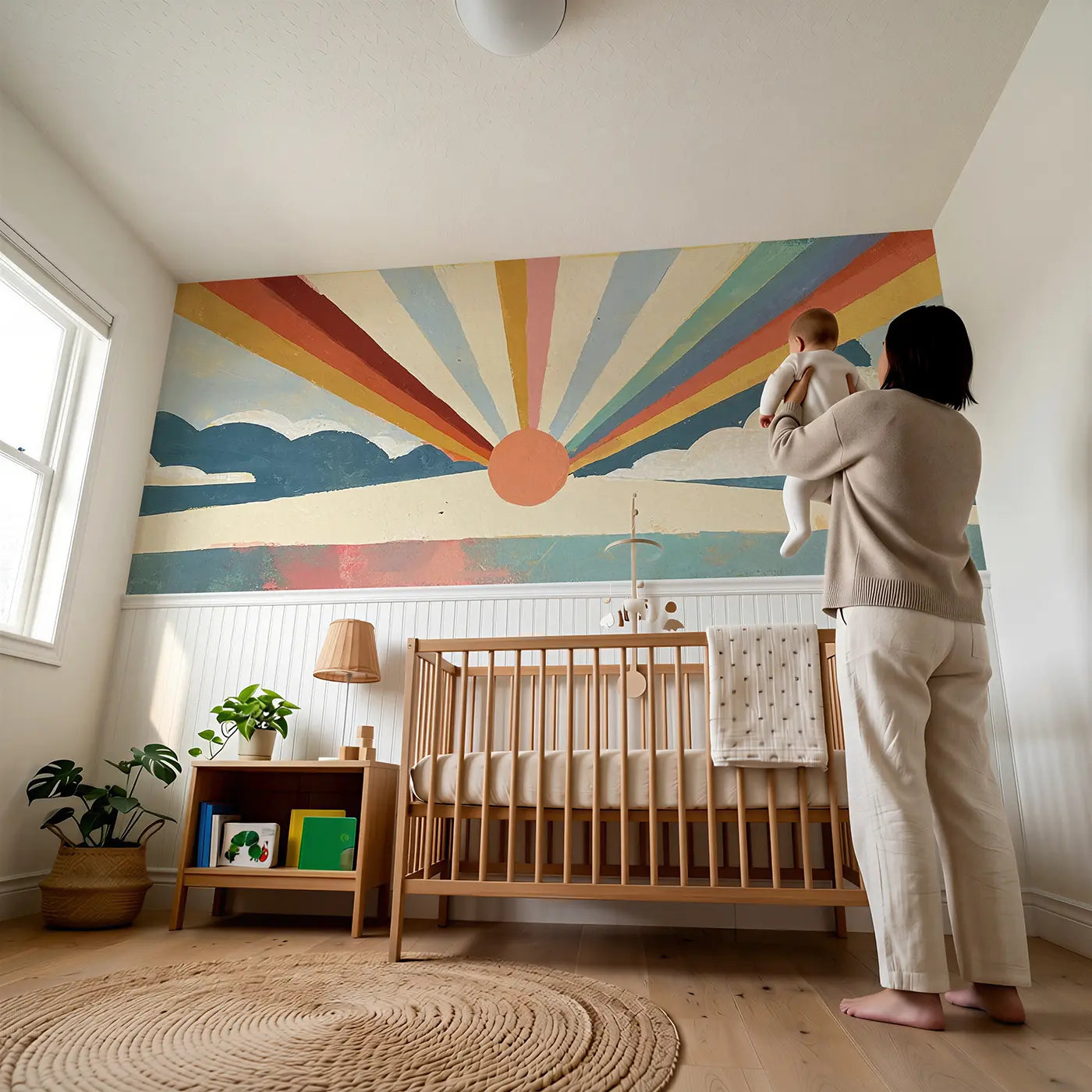 Child reading near Graphic Rainbow Starburst Wainscoting Wallpaper by Whimsy Tots