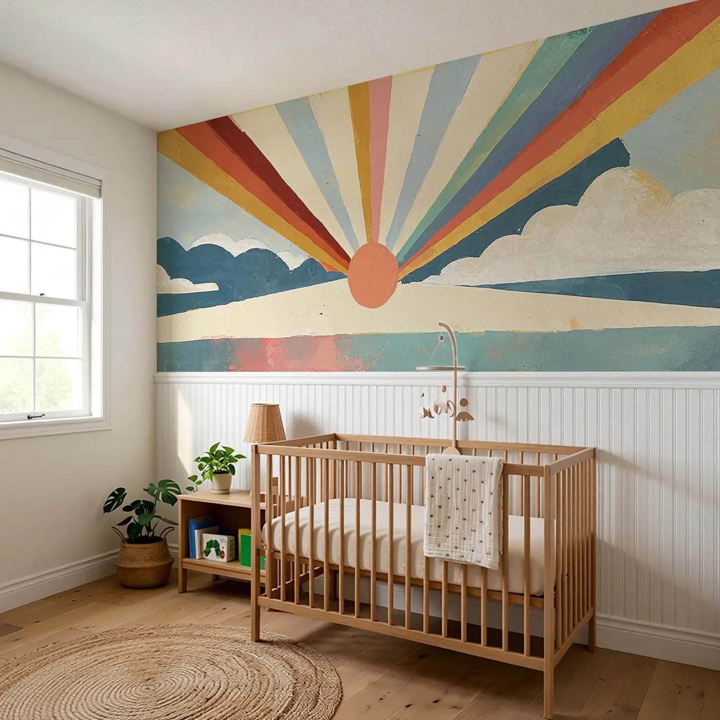 Graphic Rainbow Starburst Wainscoting Wallpaper styled in a kids bedroom by Whimsy Tots