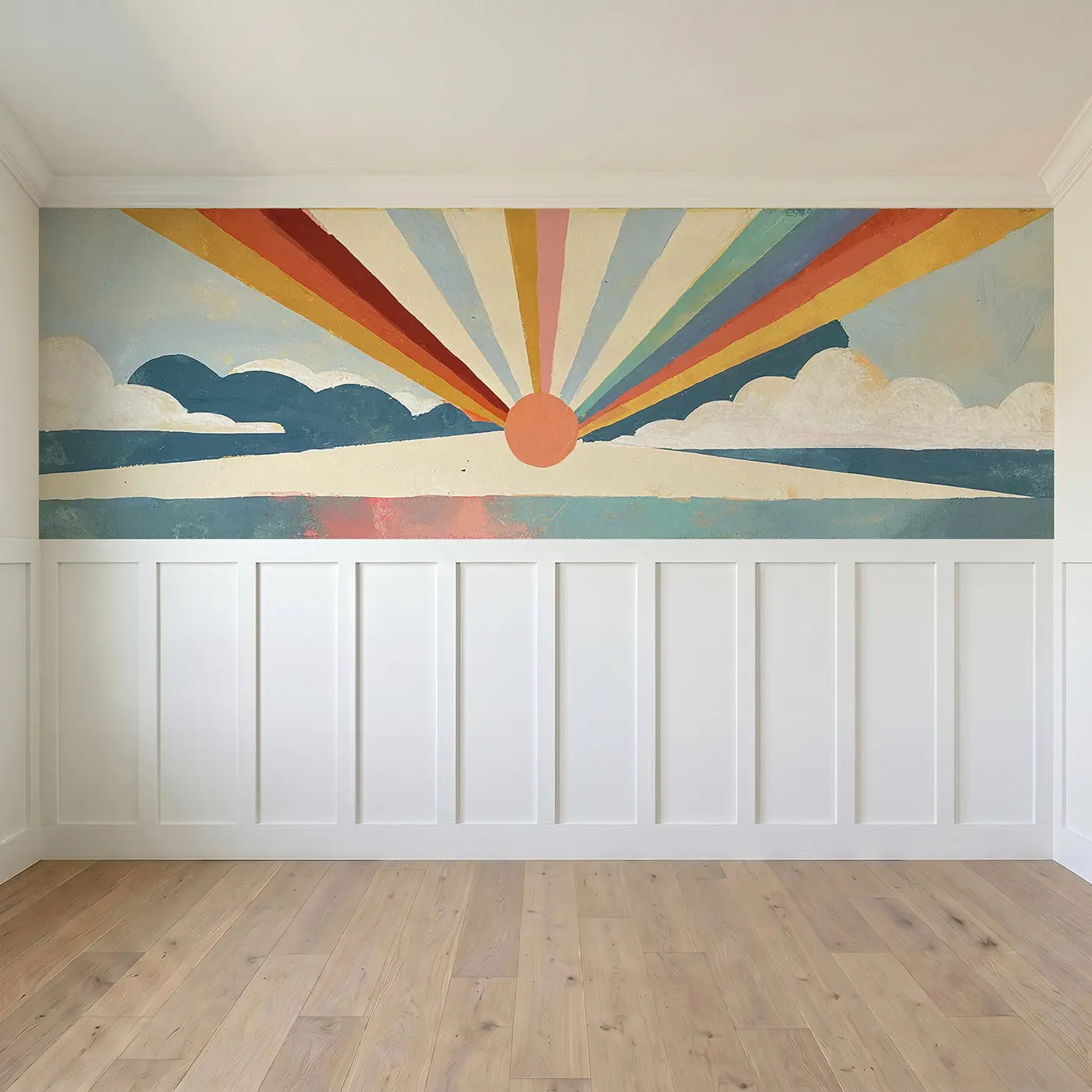 Full panel view of Graphic Rainbow Starburst Wainscoting Wallpaper by Whimsy Tots