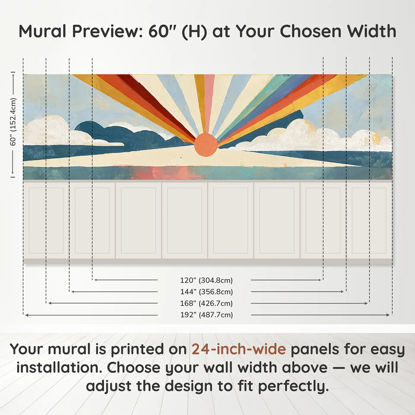 Panel dimensions for Graphic Rainbow Starburst Wainscoting Wallpaper by Whimsy Tots