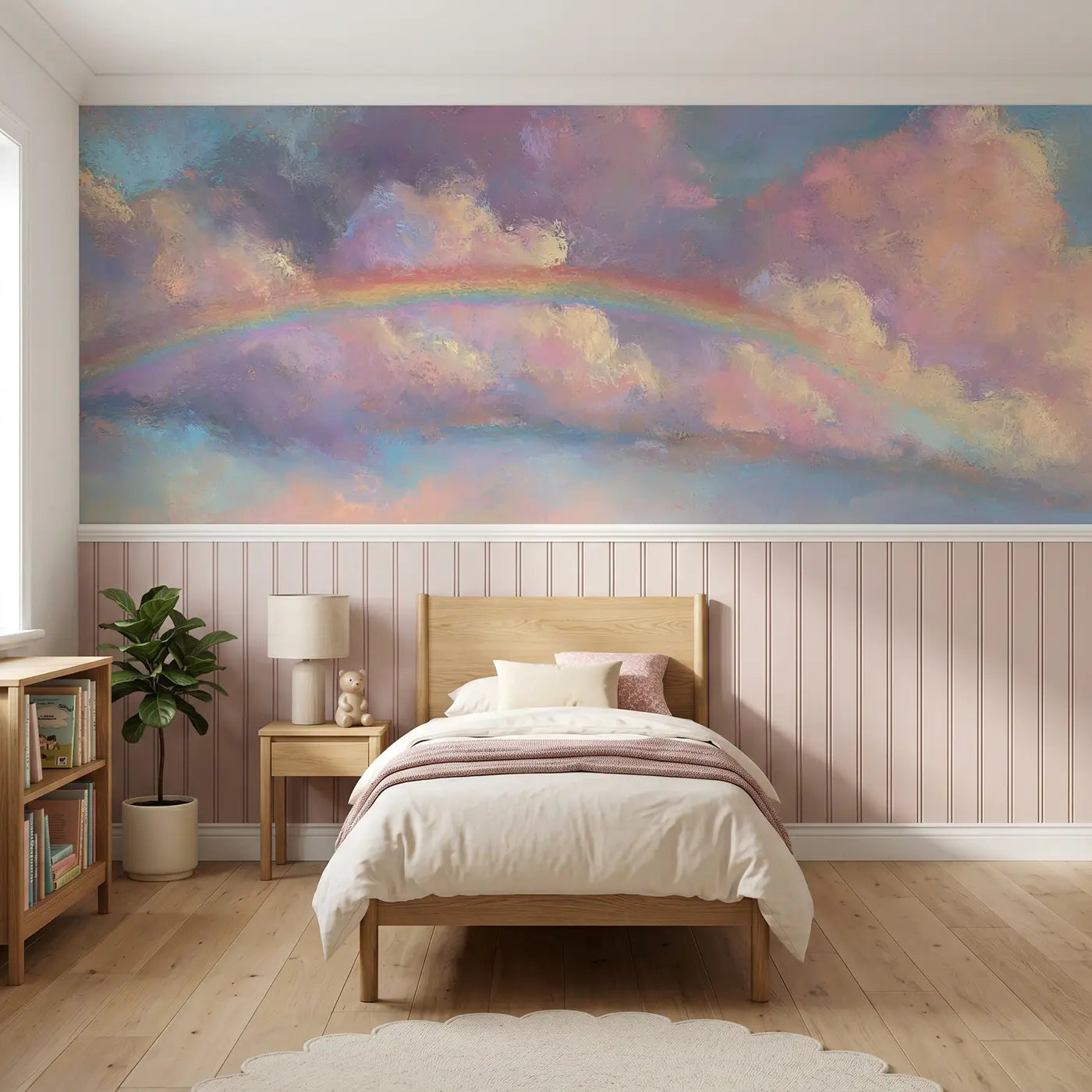 Soft Pastel rainbow cloud dream wainscoting wallpaper for nursery by Whimsy Tots.