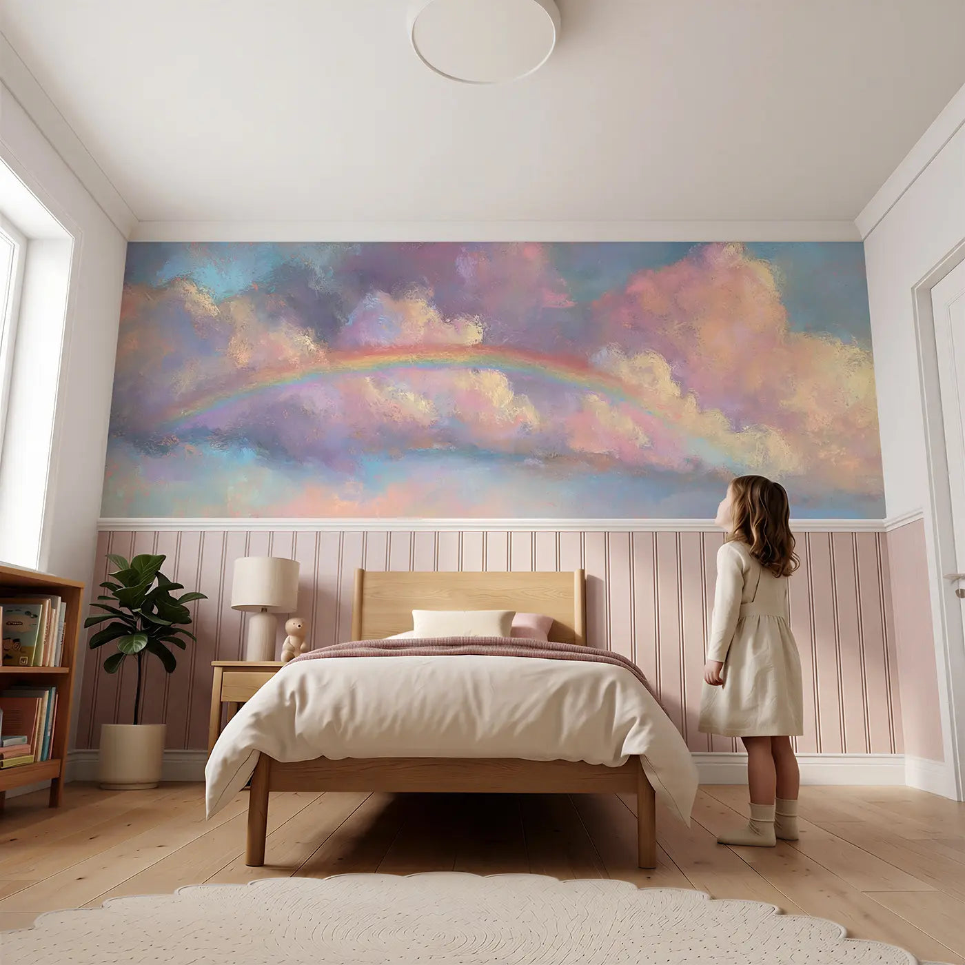 Child reading near Chalk Rainbow Cloud Dreamy Wainscoting Wallpaper by Whimsy Tots