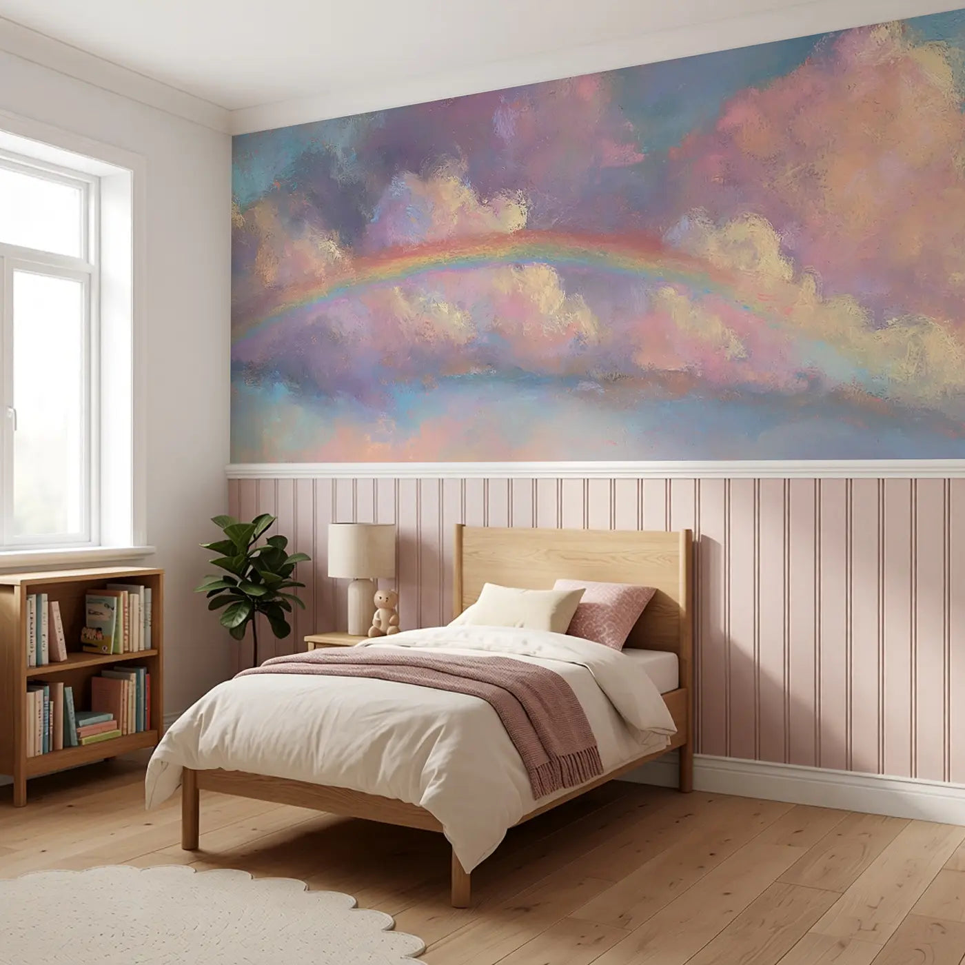 Chalk Rainbow Cloud Dreamy Wainscoting Wallpaper styled in a kids bedroom by Whimsy Tots