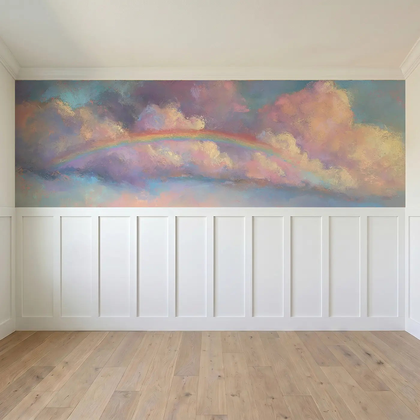 Full panel view of Chalk Rainbow Cloud Dreamy Wainscoting Wallpaper by Whimsy Tots