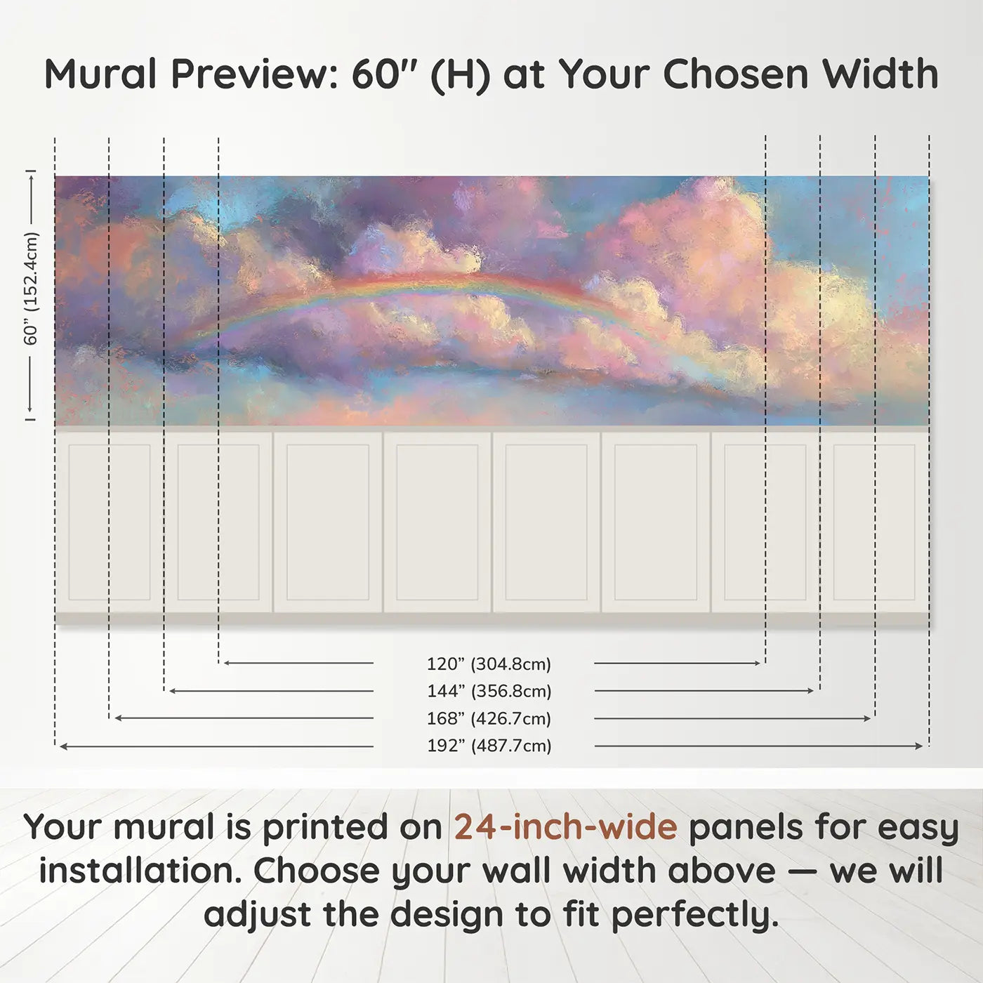 Panel dimensions for Chalk Rainbow Cloud Dreamy Wainscoting Wallpaper by Whimsy Tots