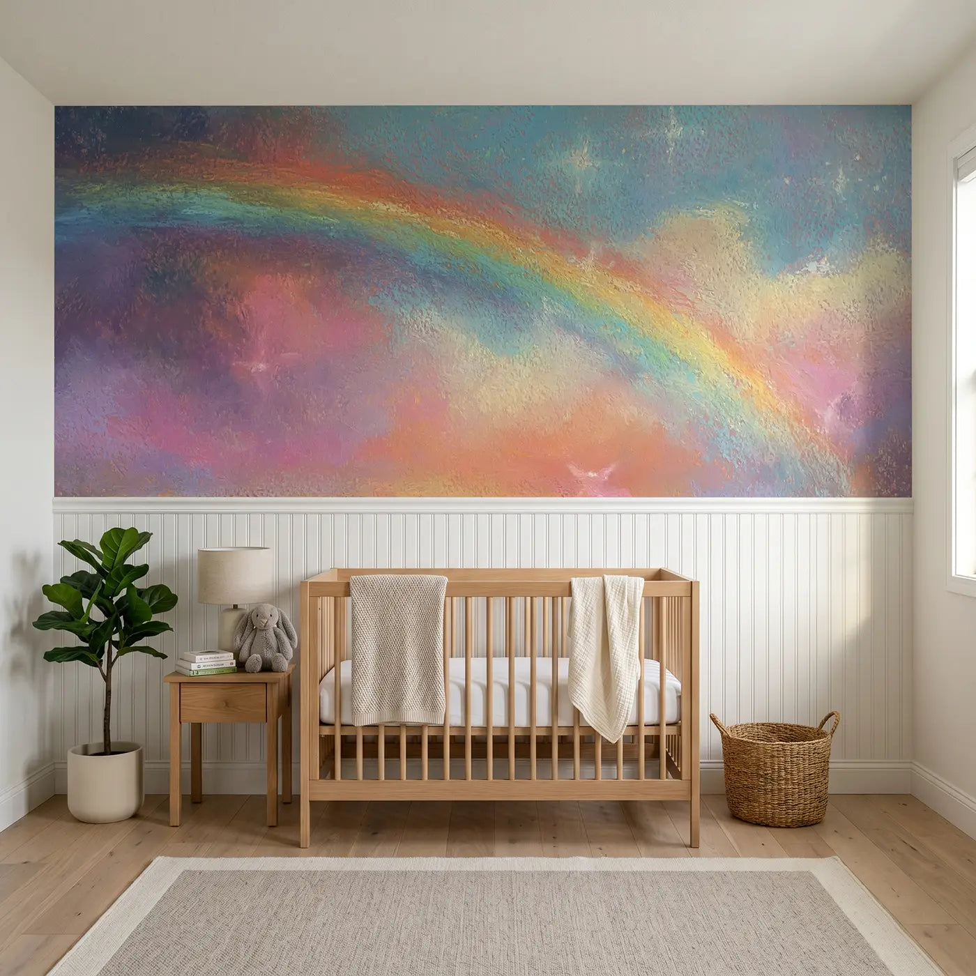 Soft Pastel rainbow cloud baby wainscoting wallpaper for nursery by Whimsy Tots.