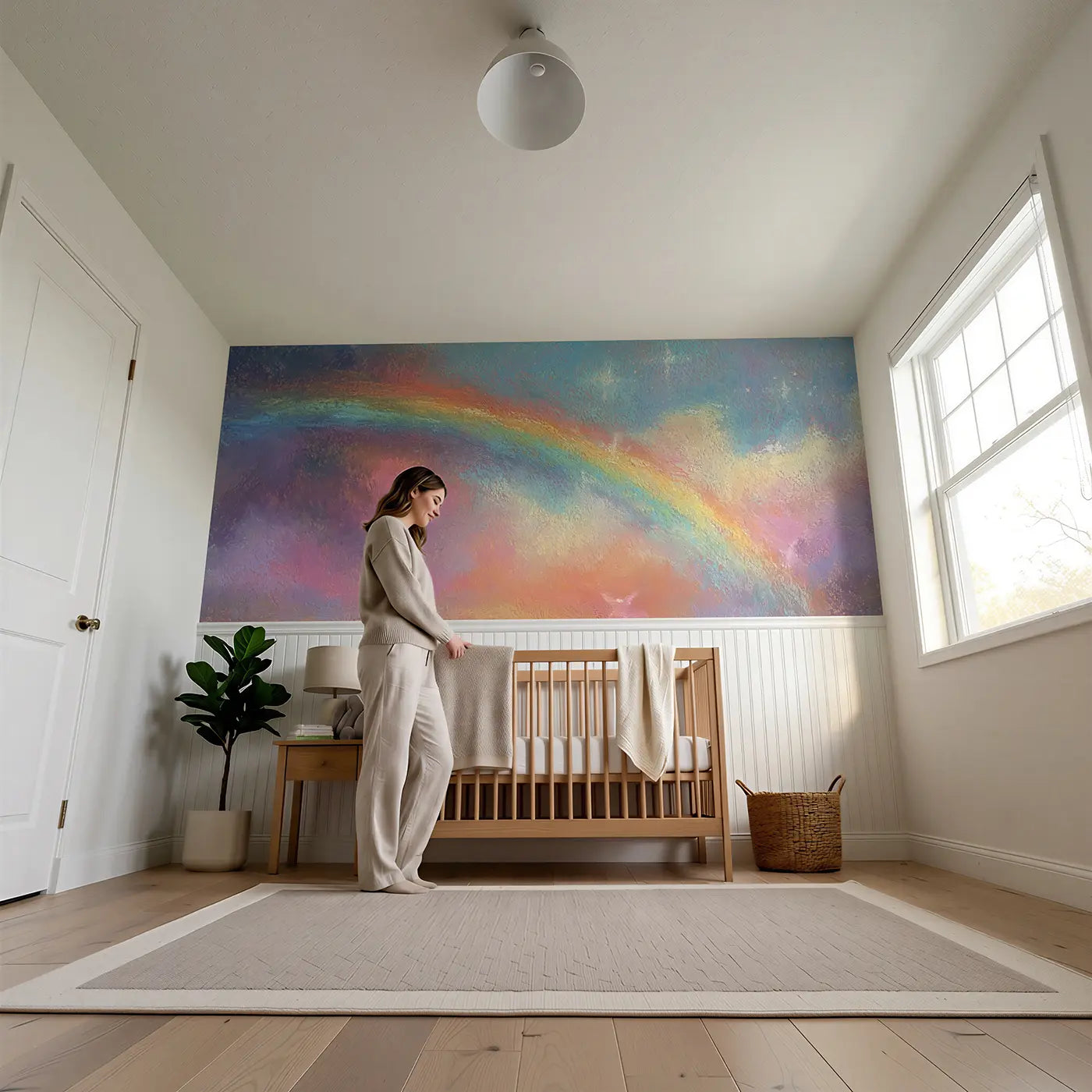 Child reading near Pastel Rainbow Cloud Baby Wainscoting Wallpaper by Whimsy Tots