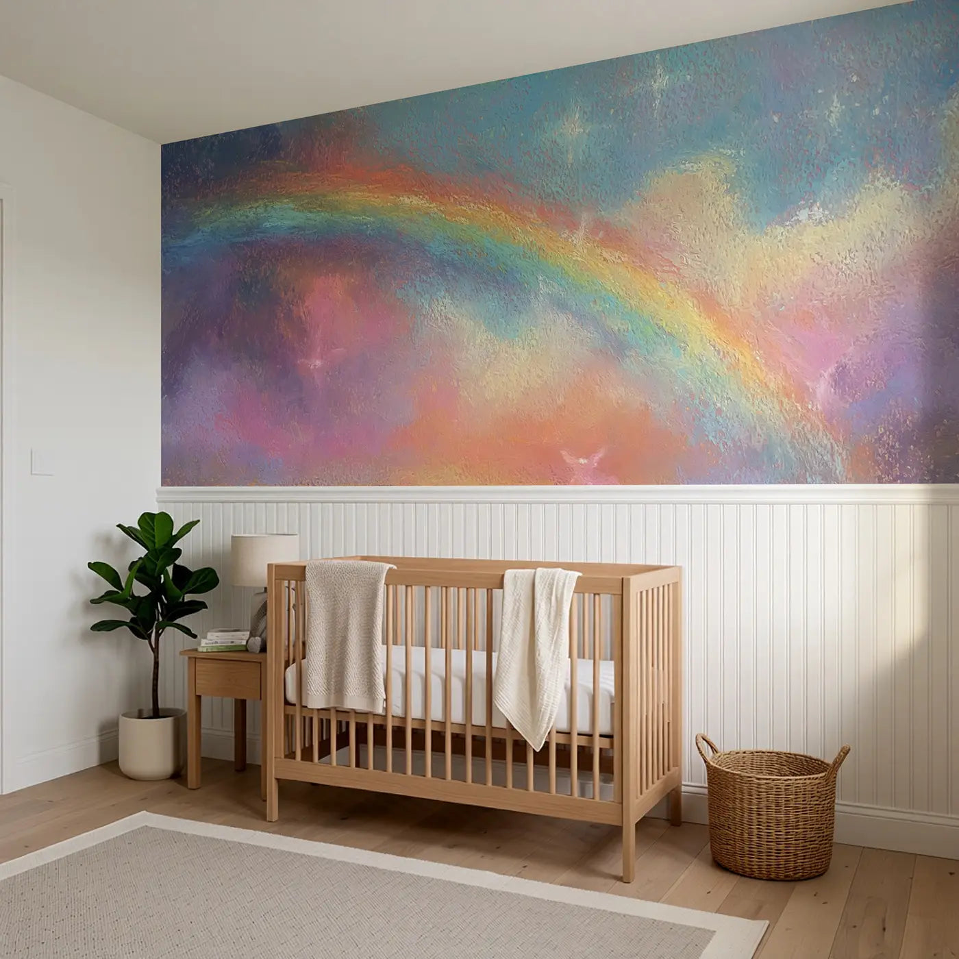 Pastel Rainbow Cloud Baby Wainscoting Wallpaper styled in a kids bedroom by Whimsy Tots
