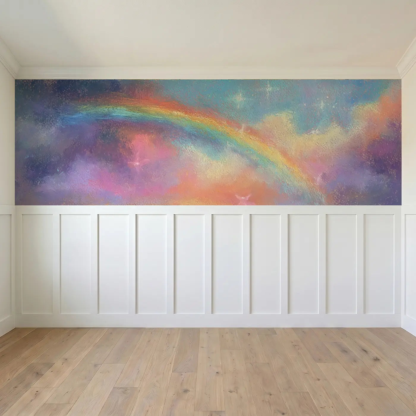 Full panel view of Pastel Rainbow Cloud Baby Wainscoting Wallpaper by Whimsy Tots